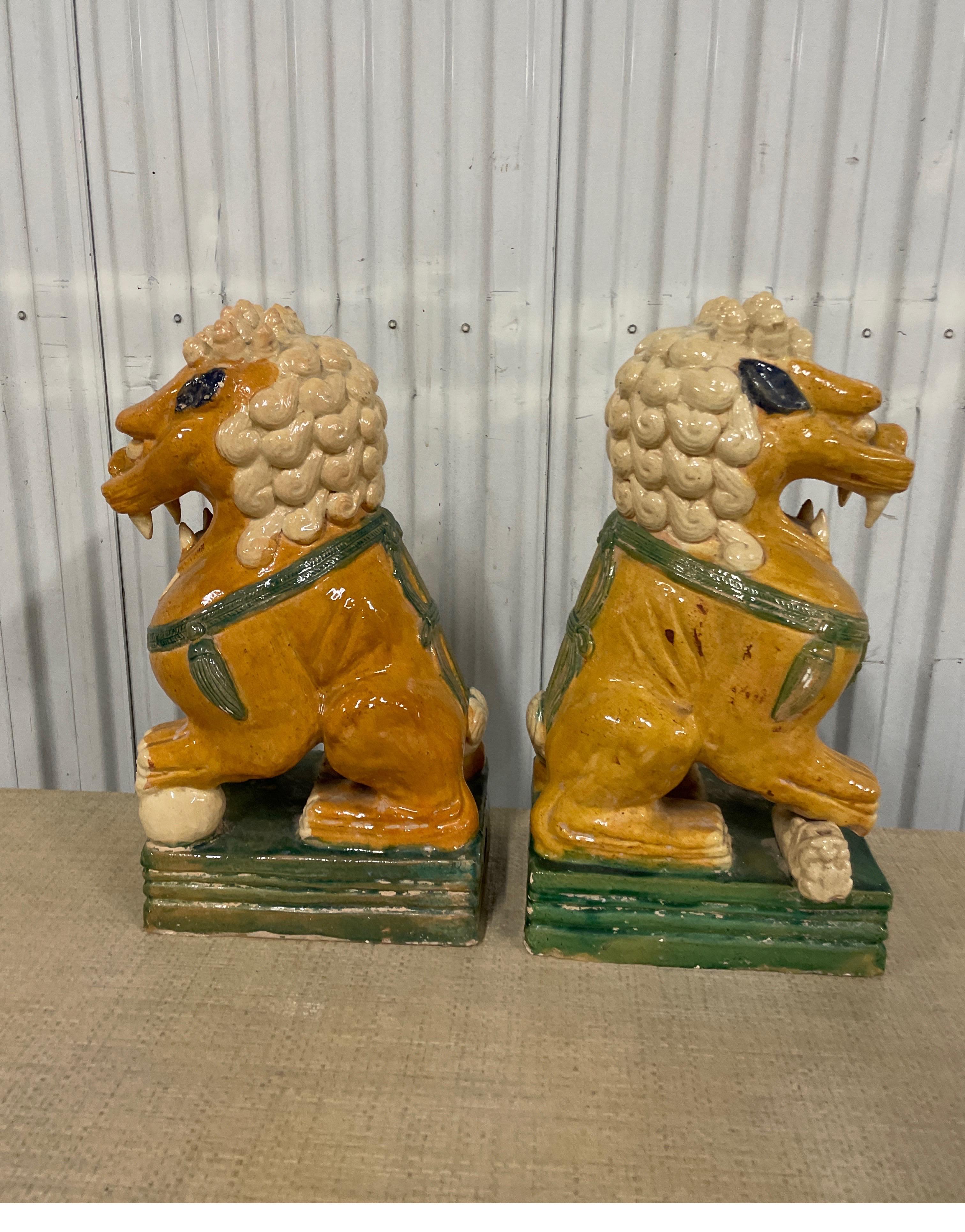 Large Pair of Multicolored Glazed Terra Cotta Foo Dogs For Sale 7