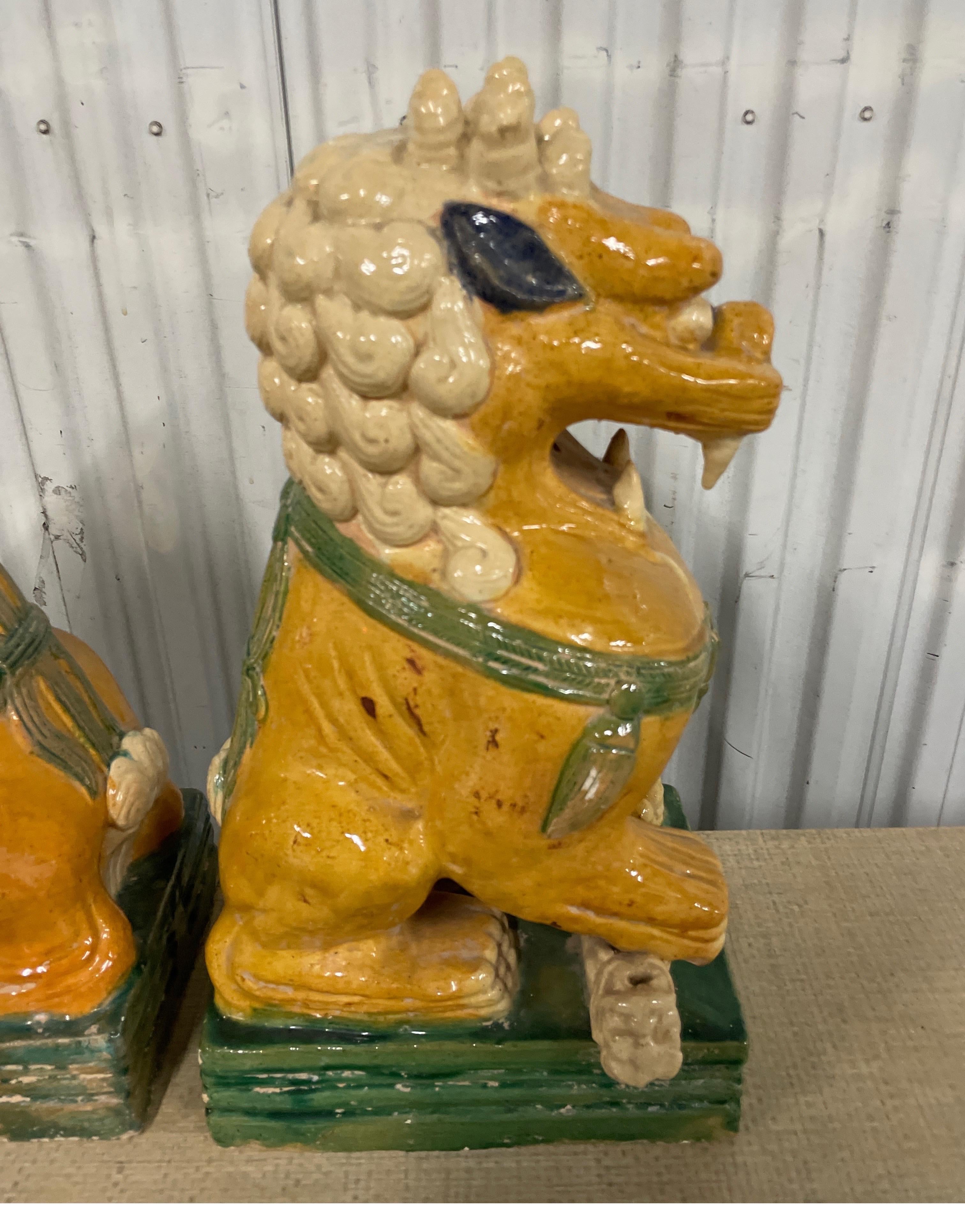 Large Pair of Multicolored Glazed Terra Cotta Foo Dogs For Sale 8