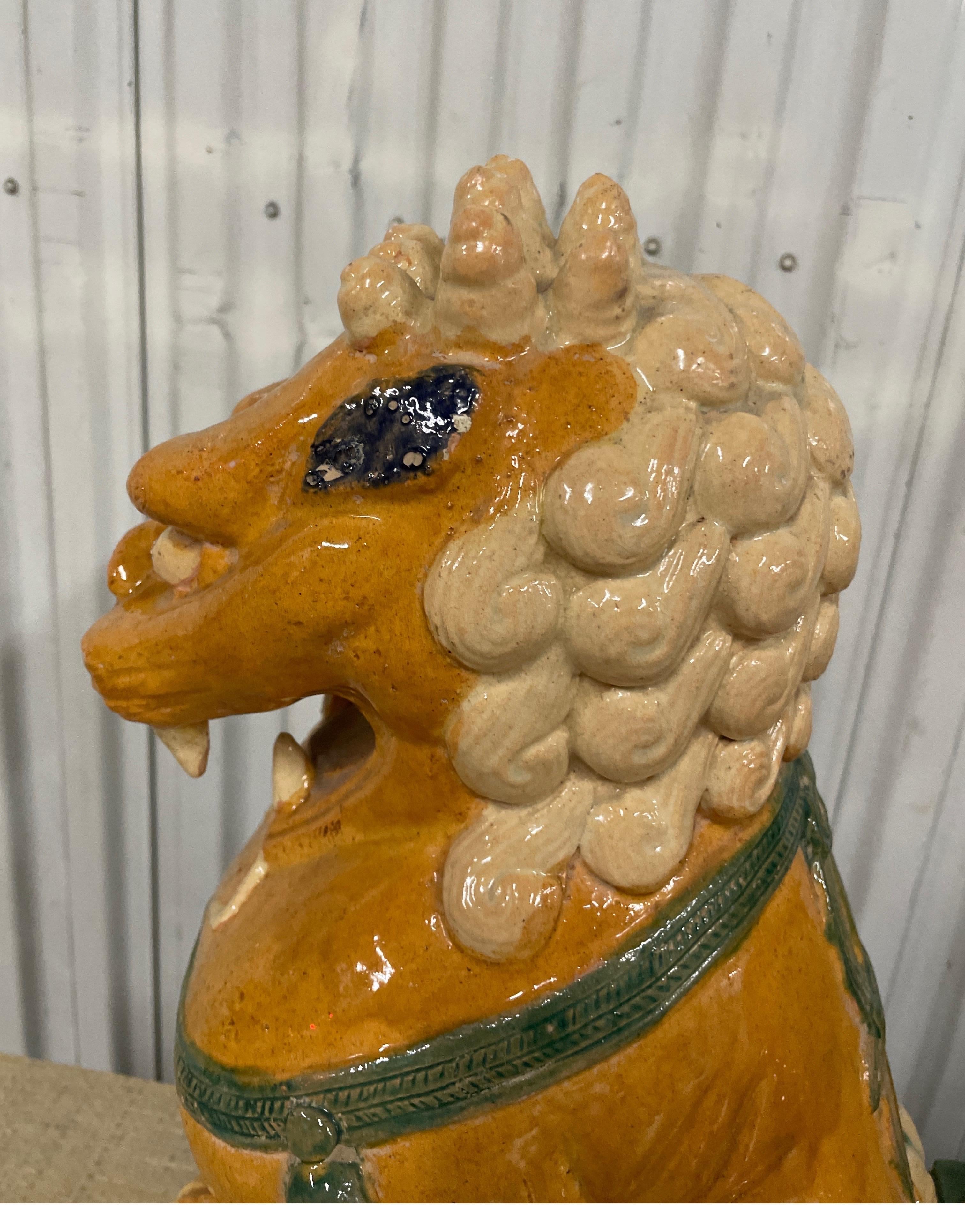 Large Pair of Multicolored Glazed Terra Cotta Foo Dogs For Sale 9