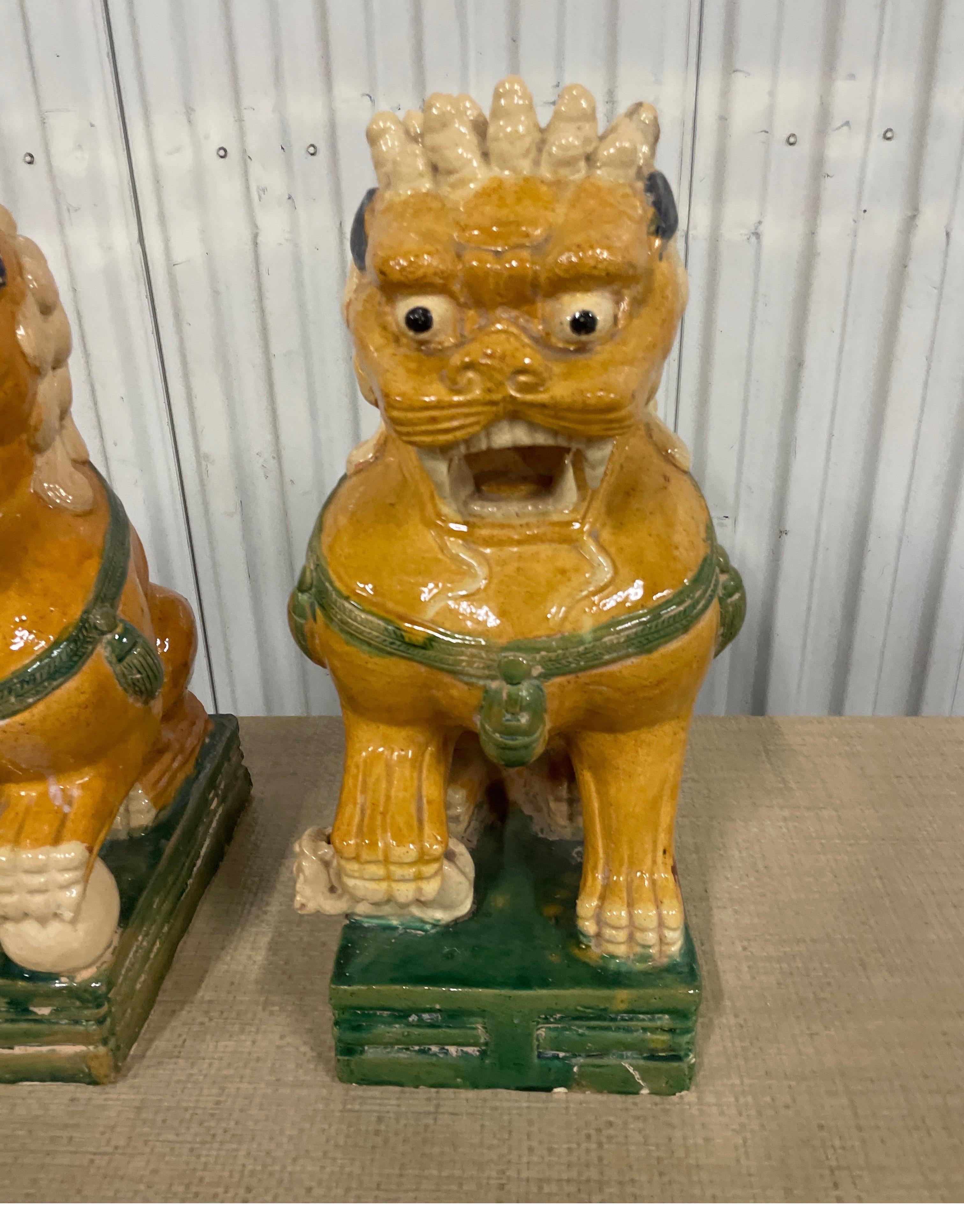 Large Pair of Multicolored Glazed Terra Cotta Foo Dogs For Sale 1