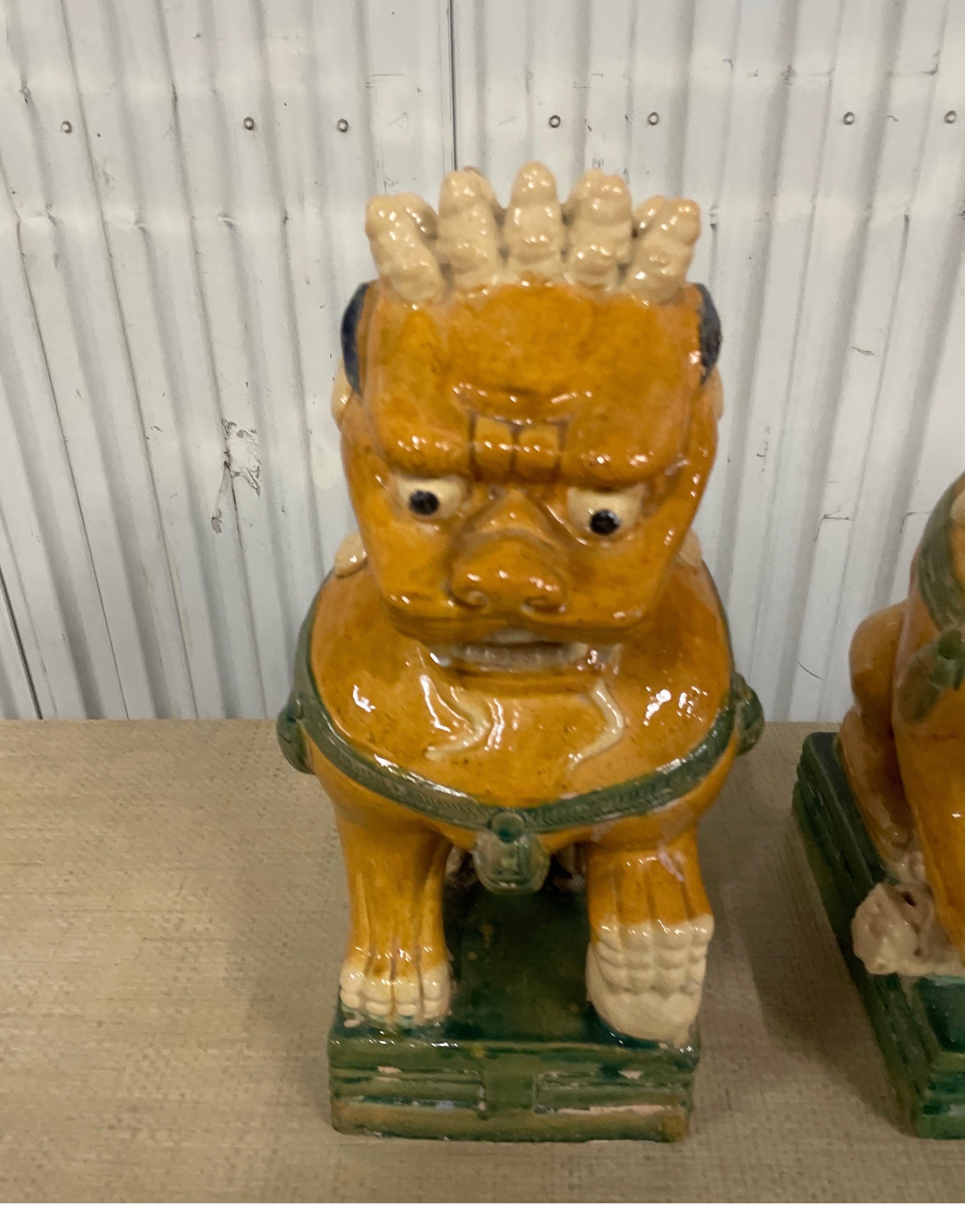 Large Pair of Multicolored Glazed Terra Cotta Foo Dogs For Sale 2
