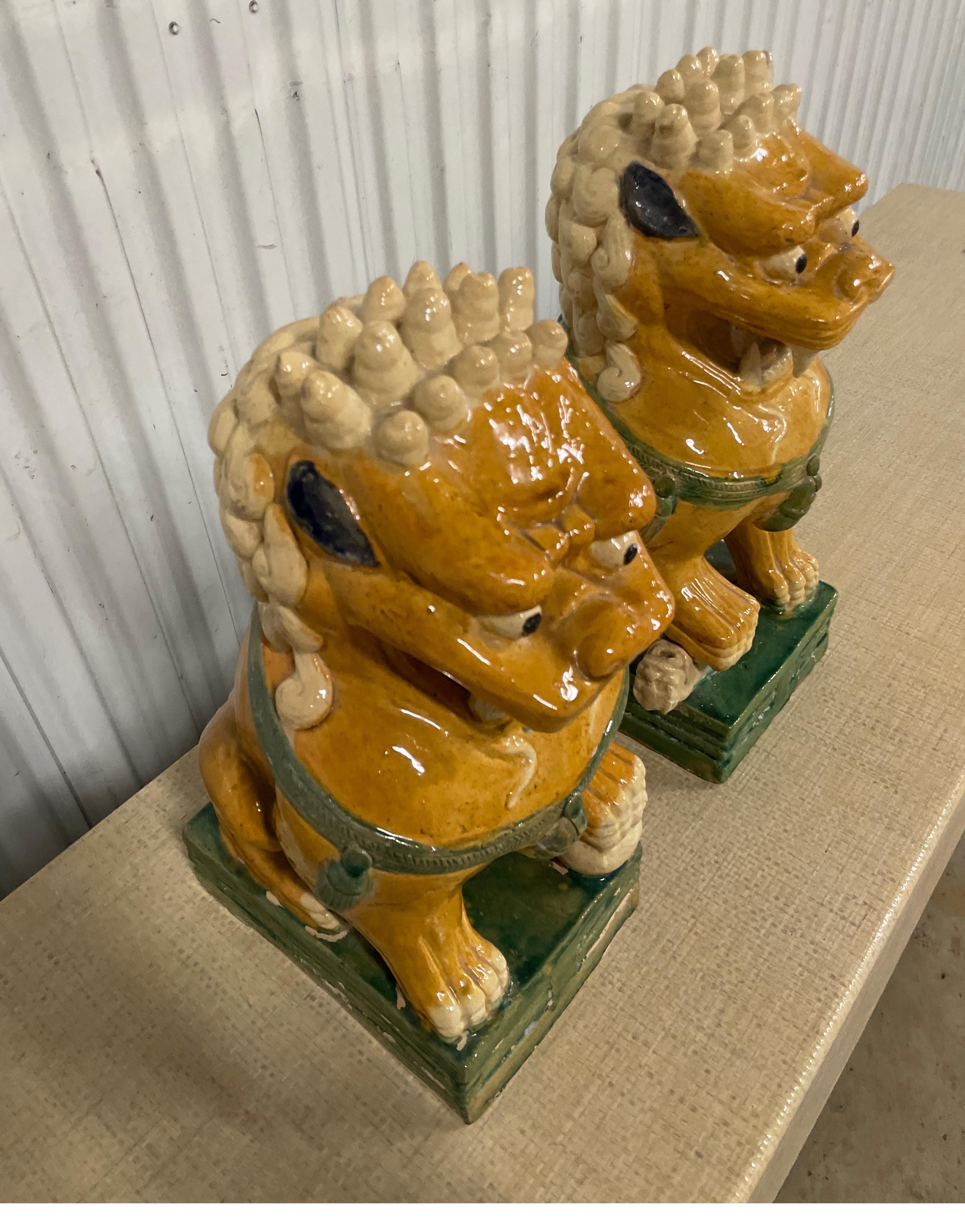Large Pair of Multicolored Glazed Terra Cotta Foo Dogs For Sale 3