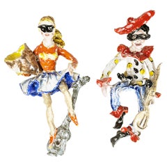 Large pair of Multicored glazed ceramic musicians from Albisola, Italy