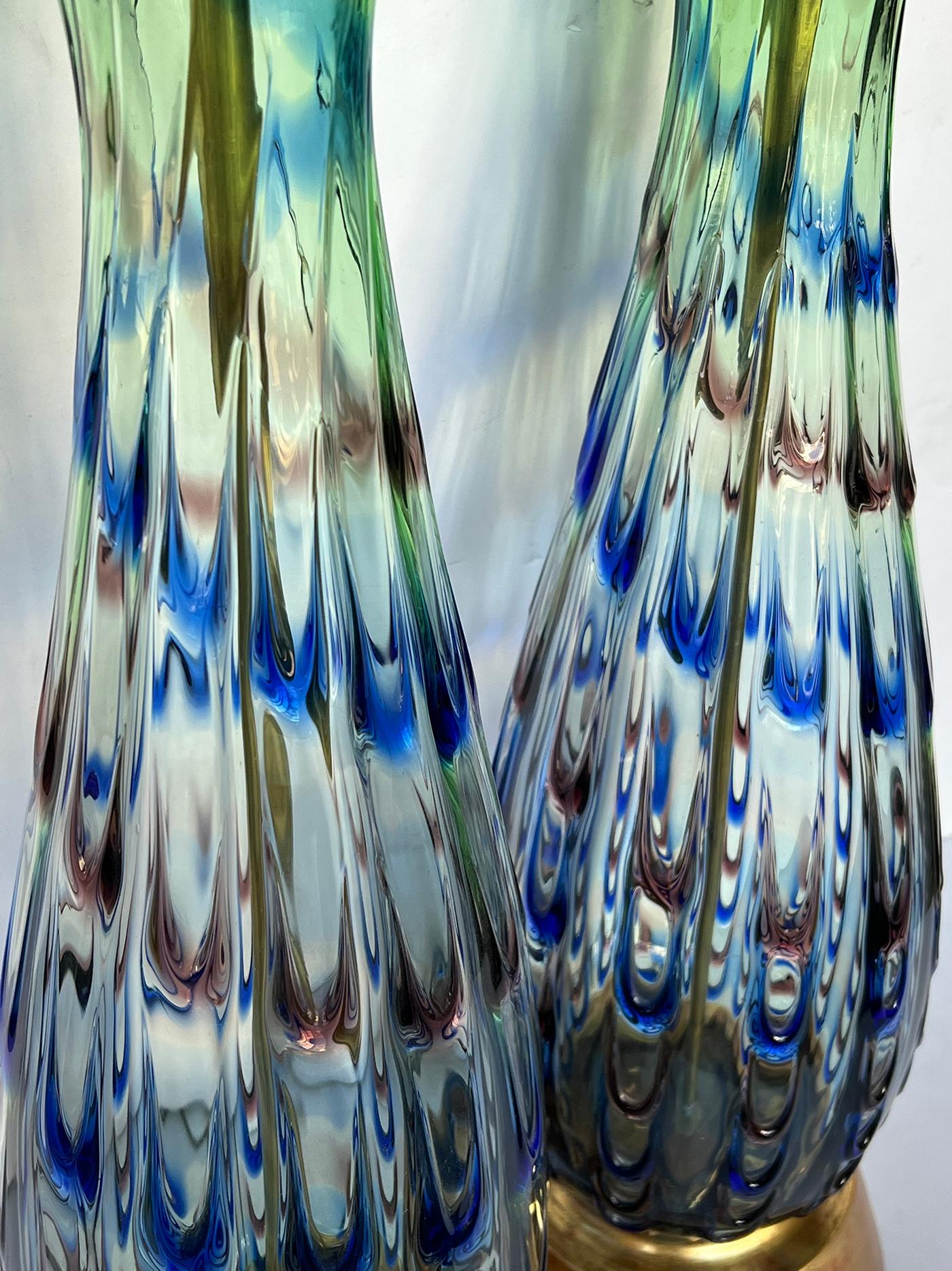 Italian Large Pair of Murano 1960's Thumb-print Drip Pattern Art Glass Lamps For Sale