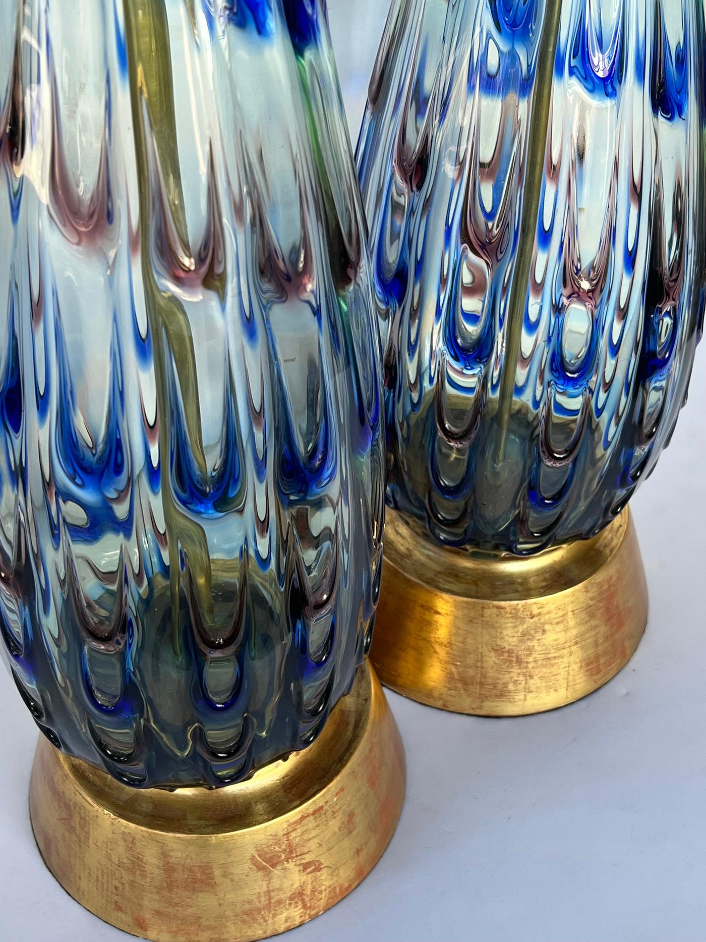 Hand-Crafted Large Pair of Murano 1960's Thumb-print Drip Pattern Art Glass Lamps For Sale