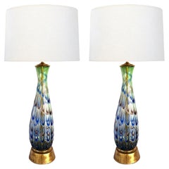 Vintage Large Pair of Murano 1960's Thumb-print Drip Pattern Art Glass Lamps