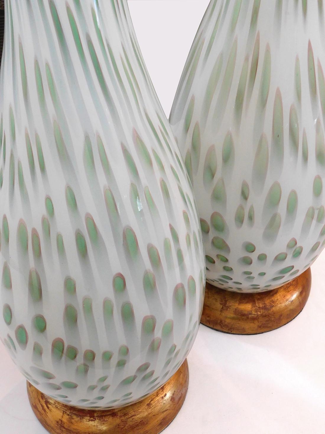 Mid-Century Modern Large Pair of Murano 1960's White Bottle-Form Lamps with Celadon Inclusions