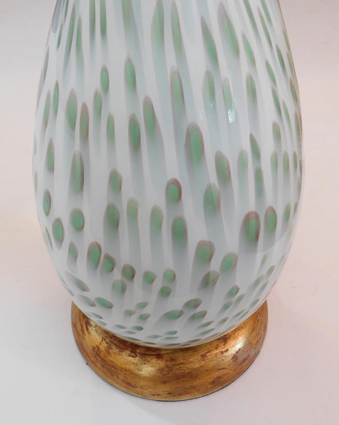 Italian Large Pair of Murano 1960's White Bottle-Form Lamps with Celadon Inclusions