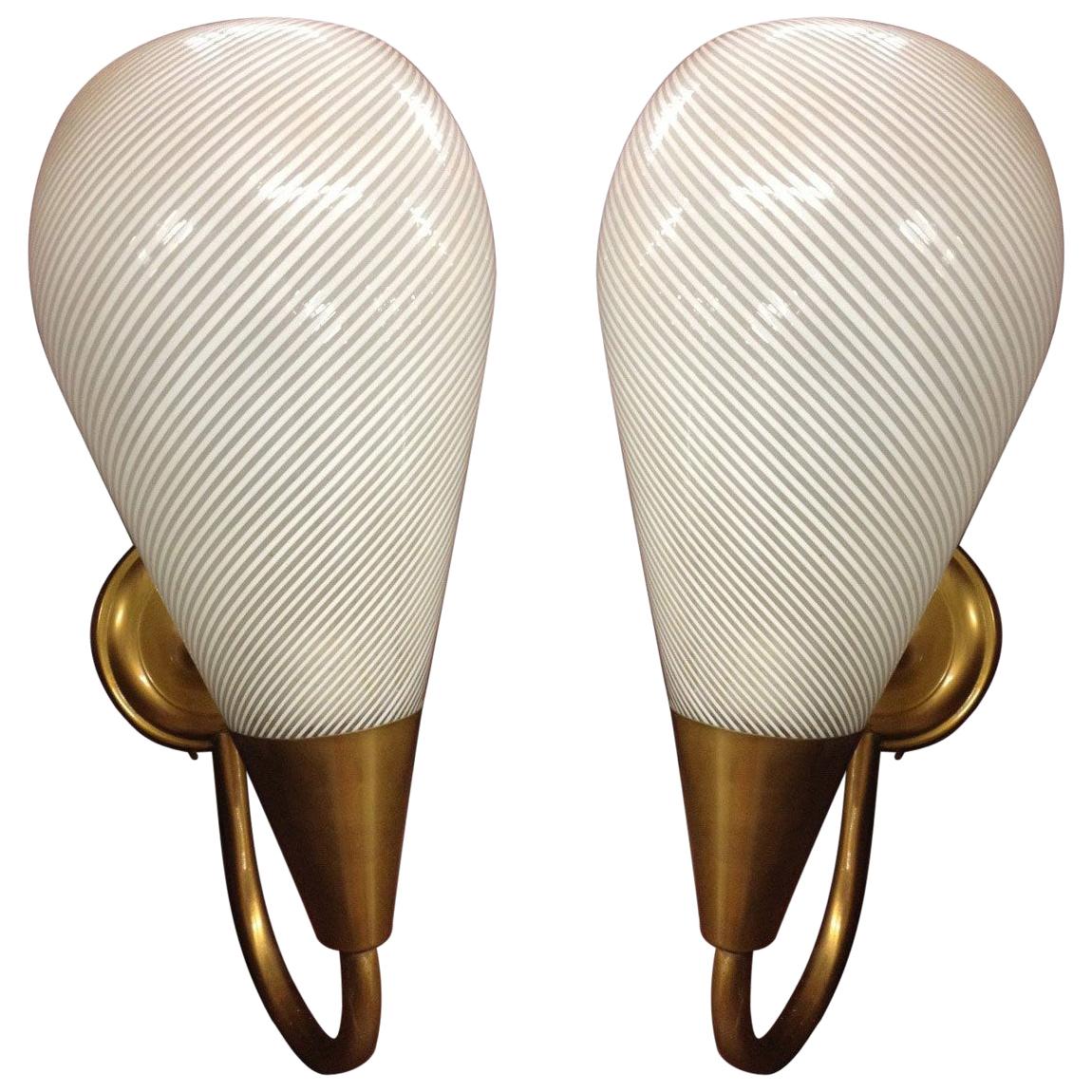 Large Pair of Murano and Brass Sconces