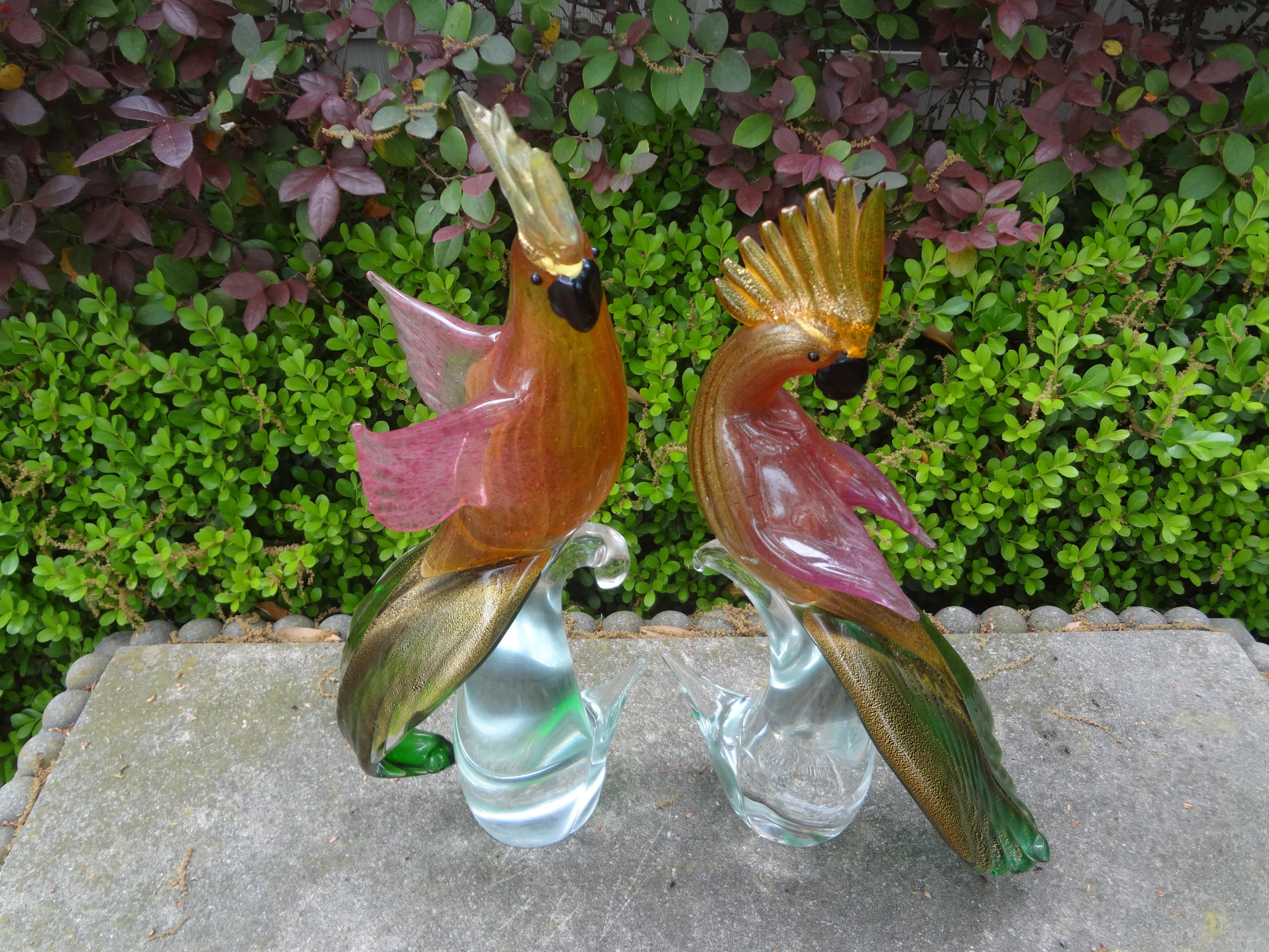 Hollywood Regency Large Pair Of Murano Glass Cockatiels Or Parrots For Sale