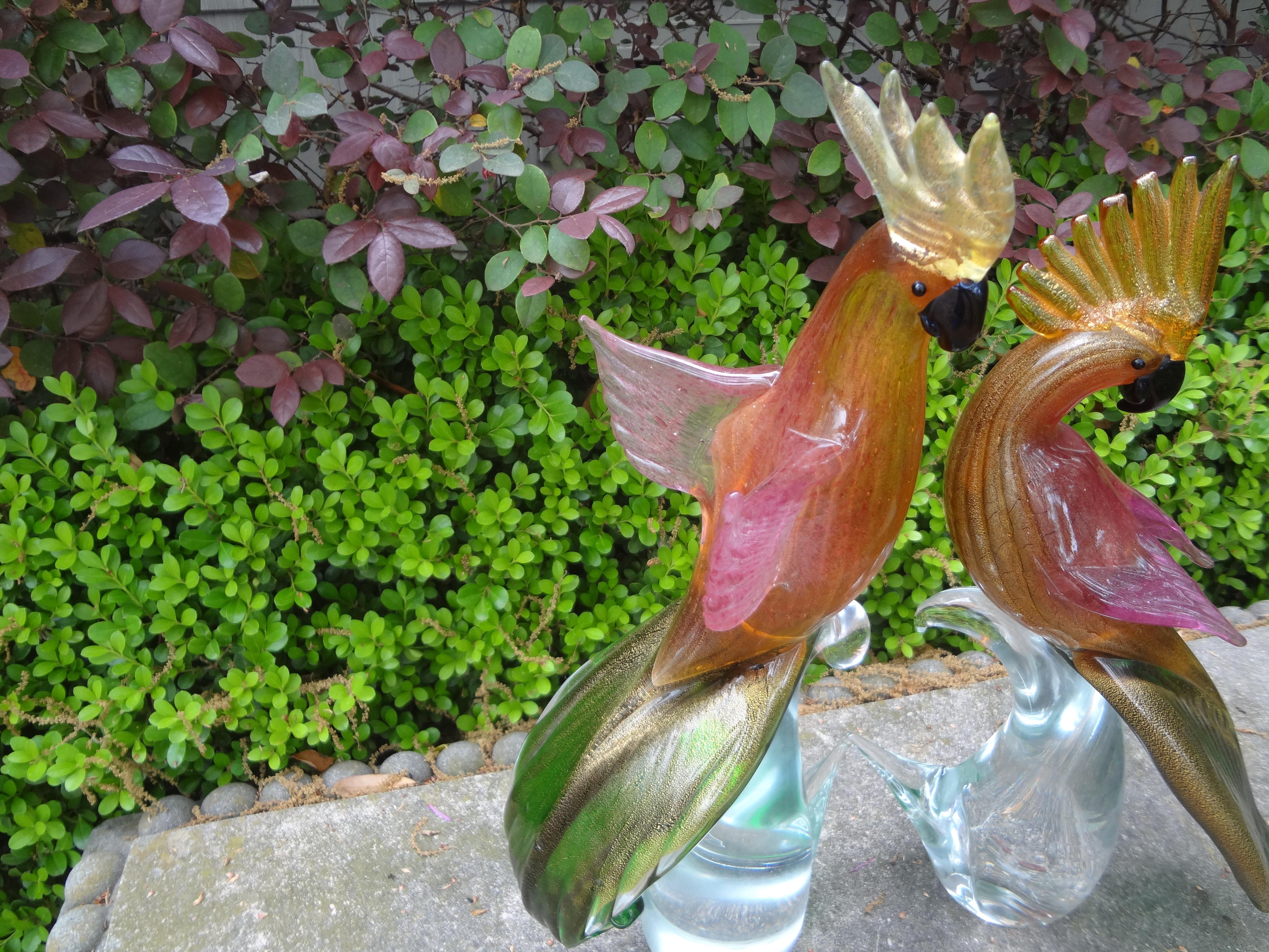 Hollywood Regency Large Pair Of Murano Glass Cockatiels Or Parrots For Sale