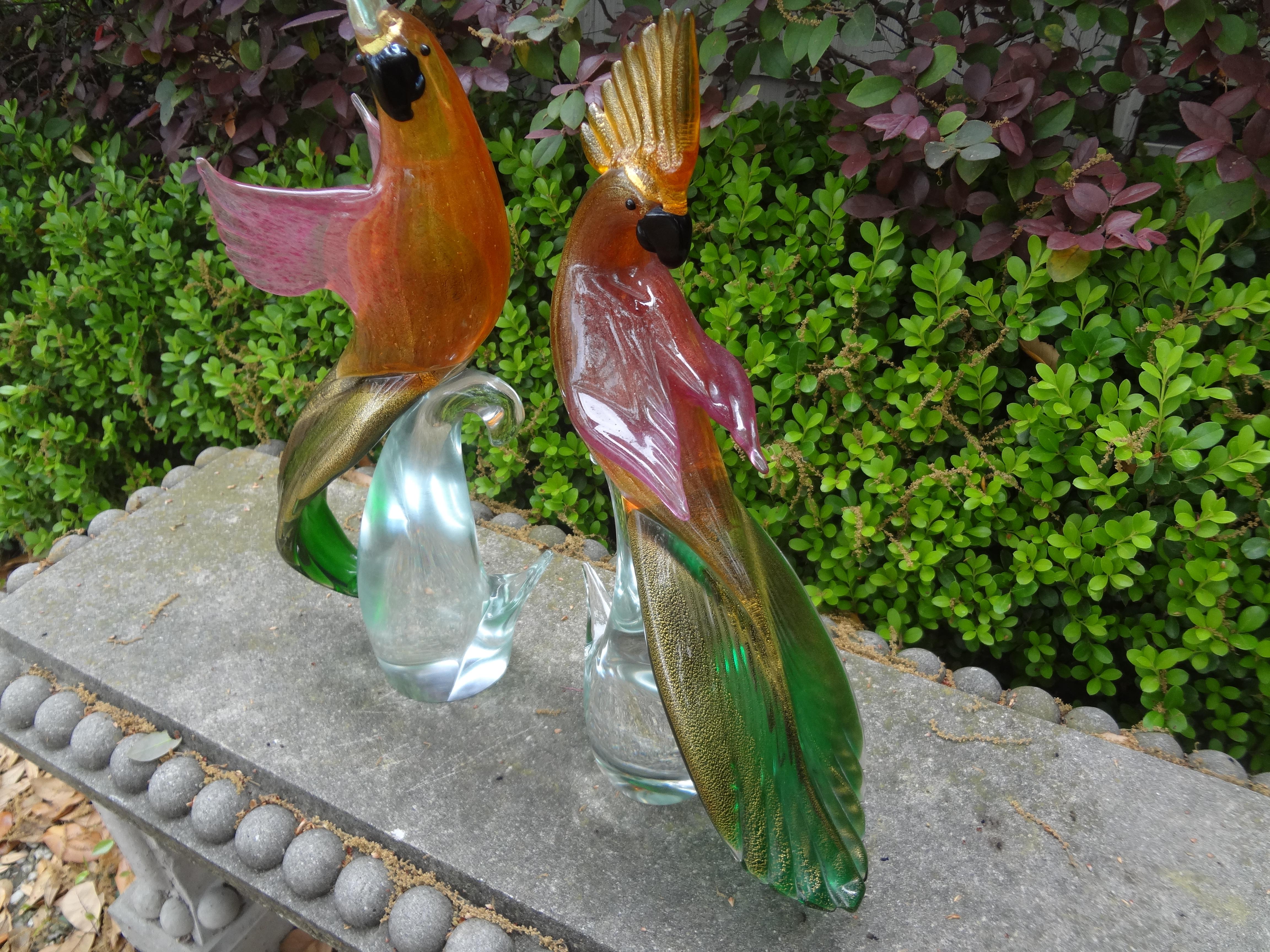 Blown Glass Large Pair Of Murano Glass Cockatiels Or Parrots For Sale