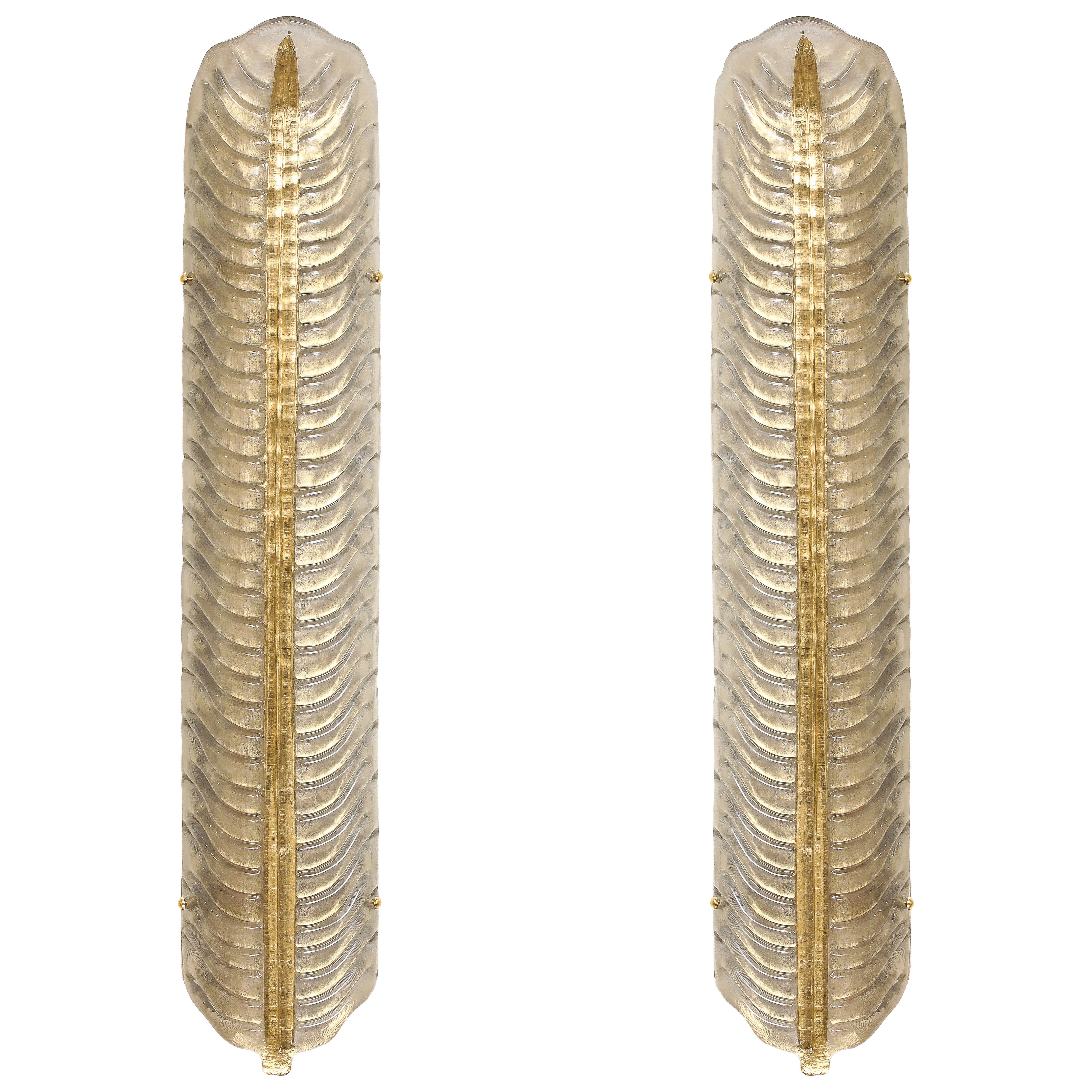 Large Pair of Murano Glass “Leaf” Wall Sconces Infused 24k Gold Flecks, Italy For Sale