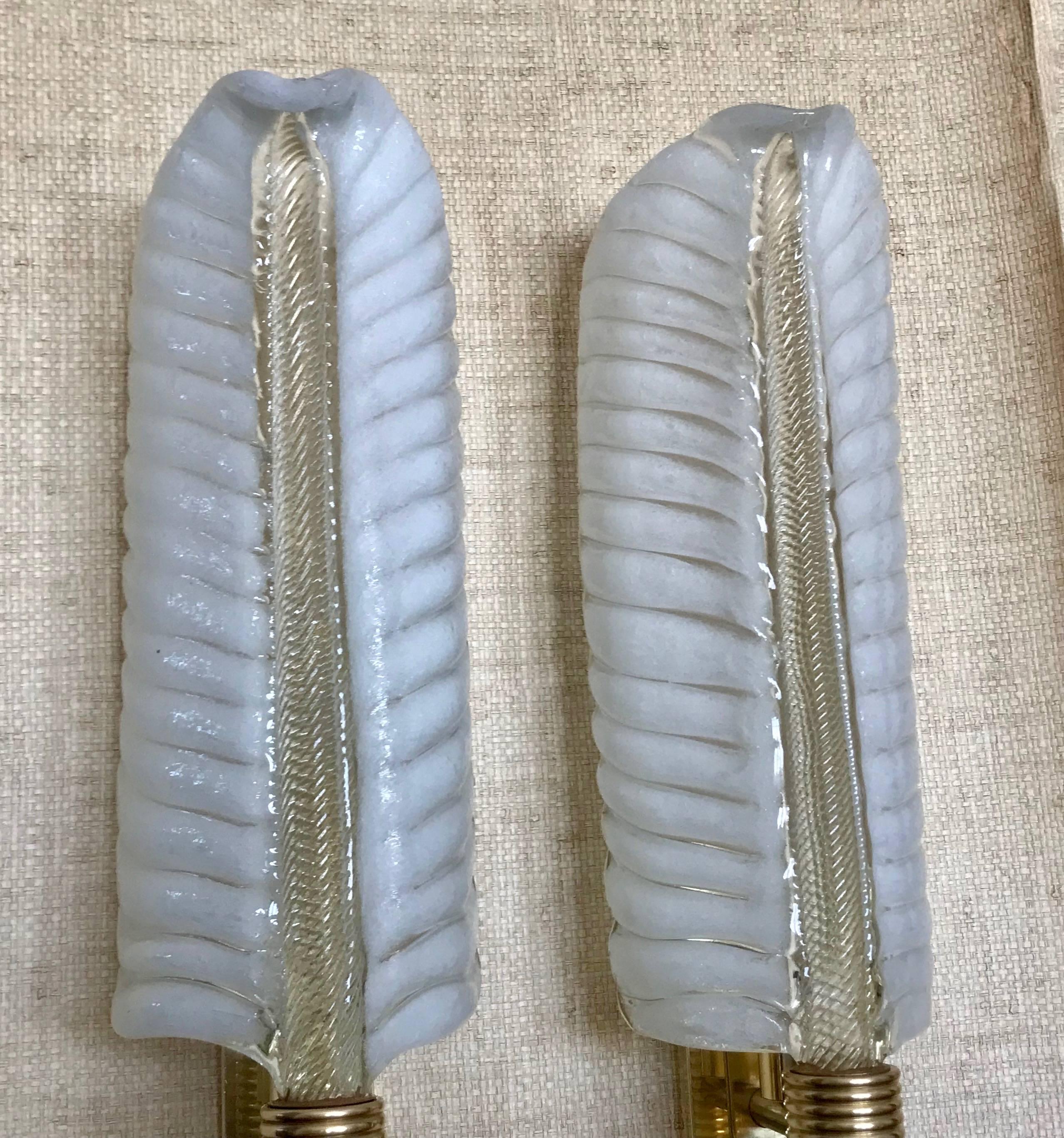 Brass Large Pair of Murano Glass Plume Wall Sconces by Barovier et Toso