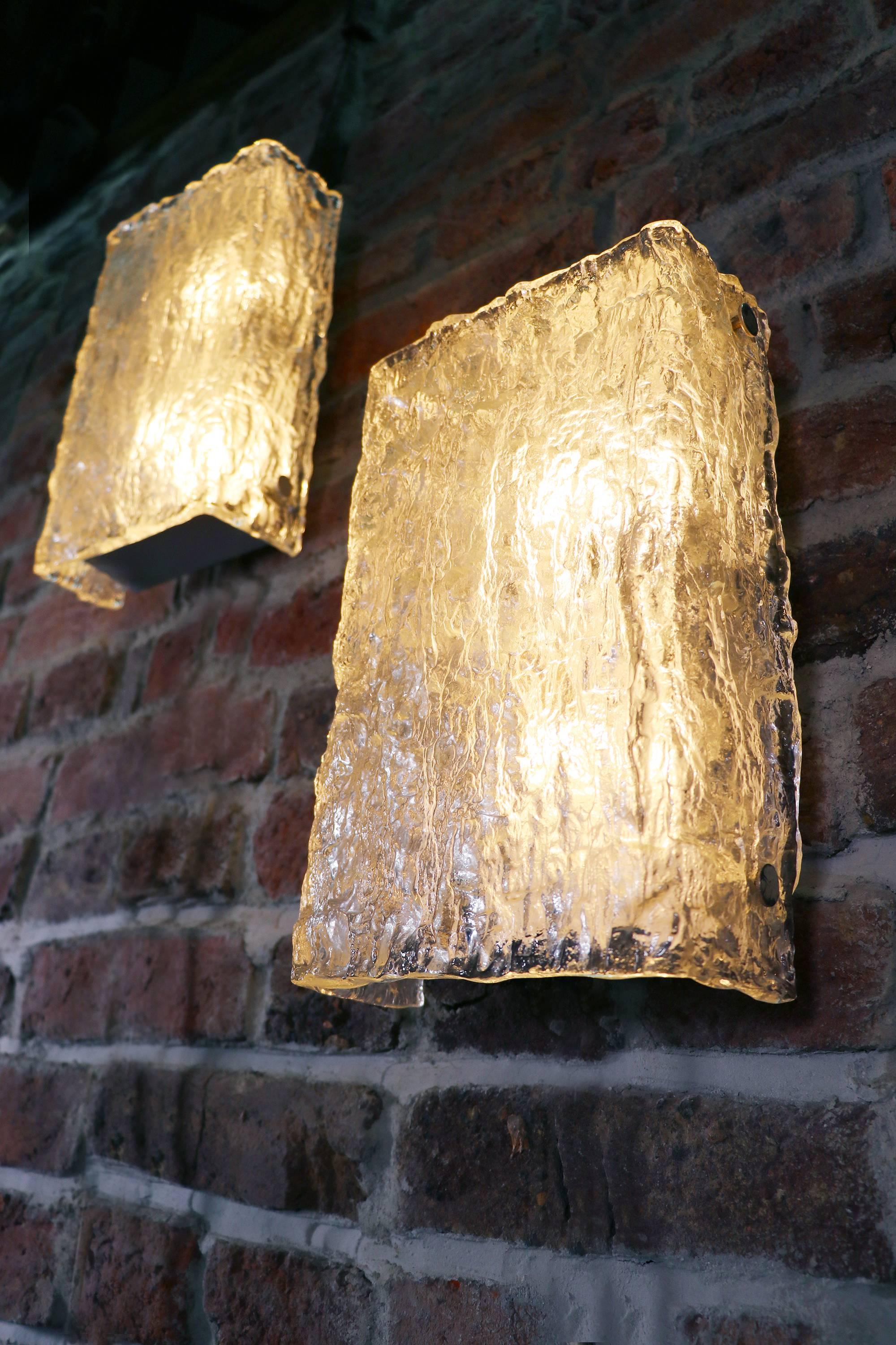 German Large Pair of Murano Ice Glass Wall Lights by Kaiser Leuchten, 1960s