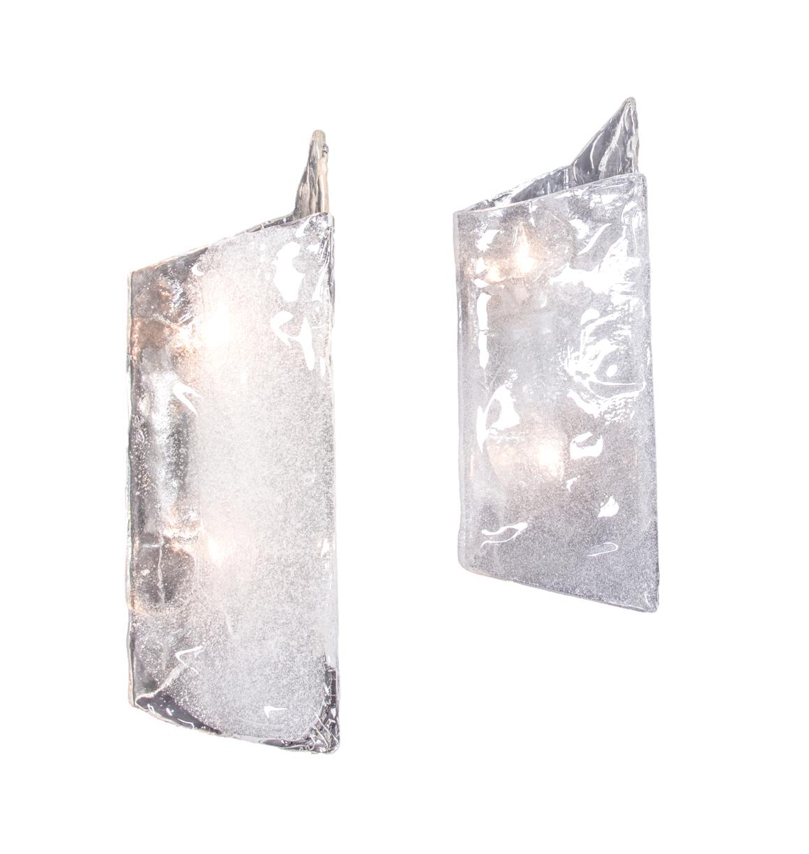 Large Pair of Murano Ice Glass Wall Sconces by Carlo Nason / J.T. Kalmar, 1960s 4