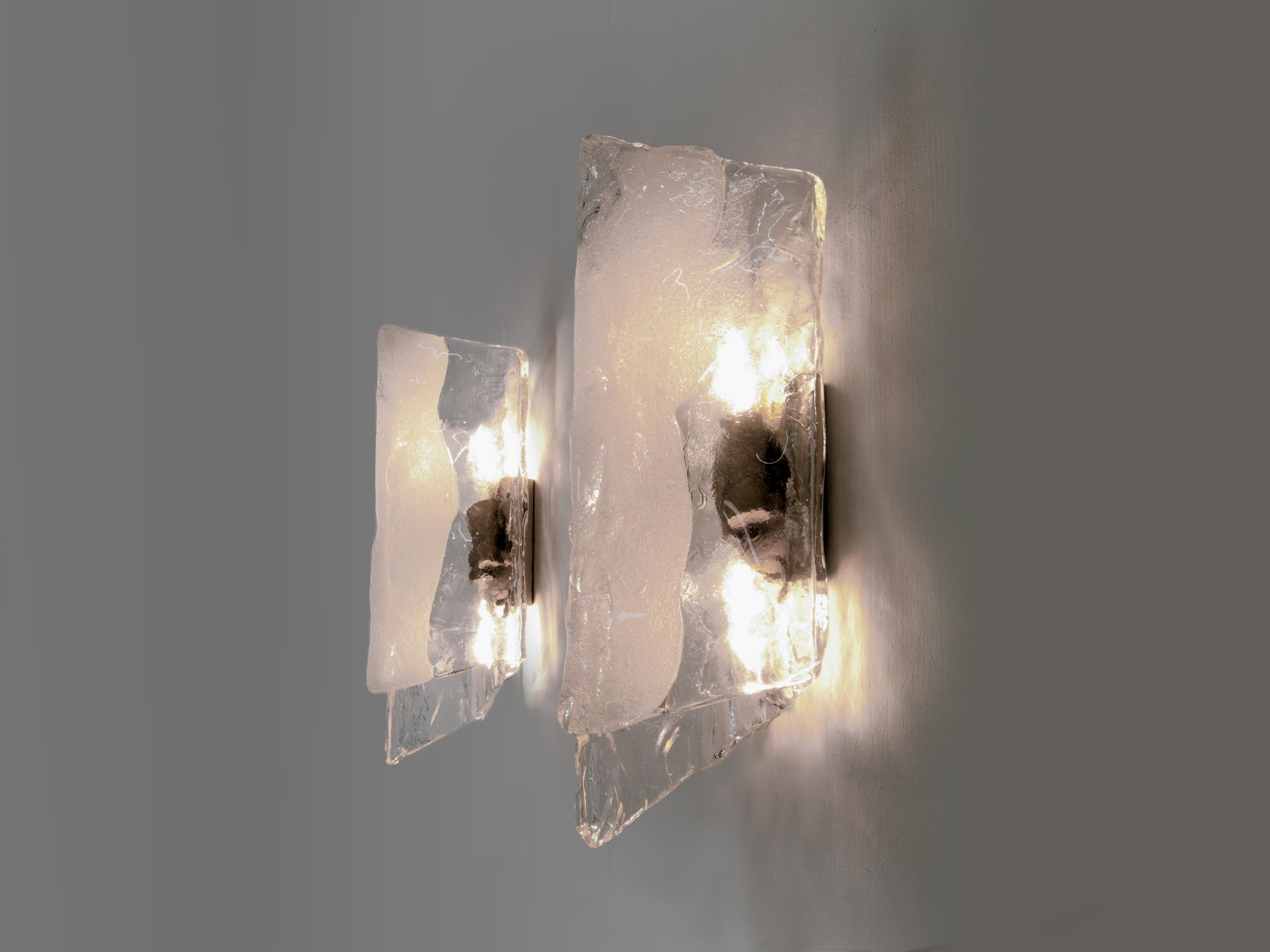 Hand-Crafted 1960 Large Pair of Carlo Nason for Kalmar  Wall Sconces Murano Ice Glass & Brass