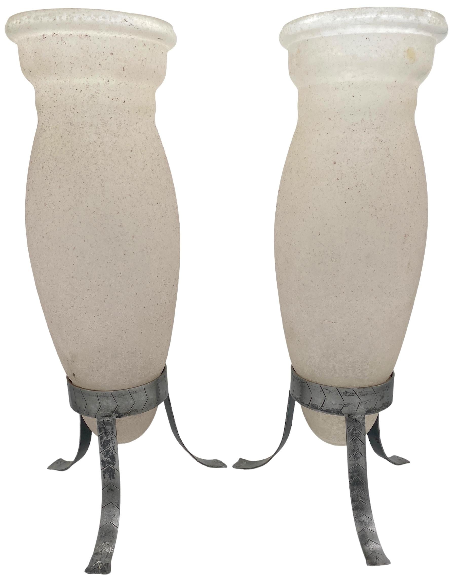 Mid-Century Modern Large Pair of Murano 'Scavo' & Iron Trumpet Vases attrib. Seguso Vetri d'Arte For Sale