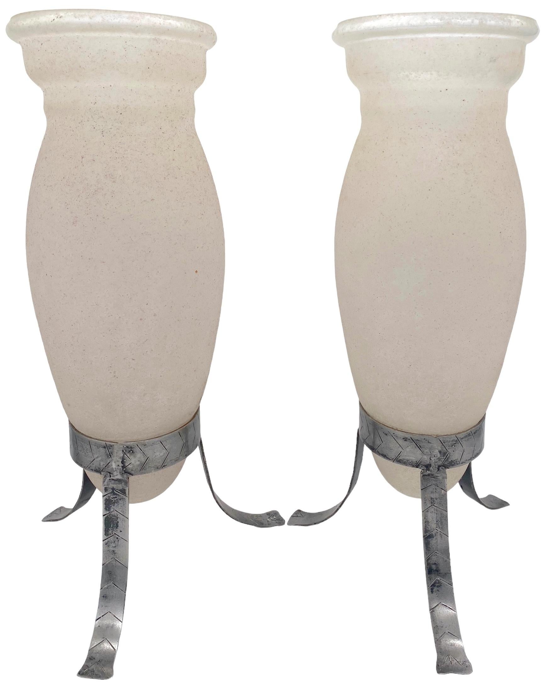 Italian Large Pair of Murano 'Scavo' & Iron Trumpet Vases attrib. Seguso Vetri d'Arte For Sale