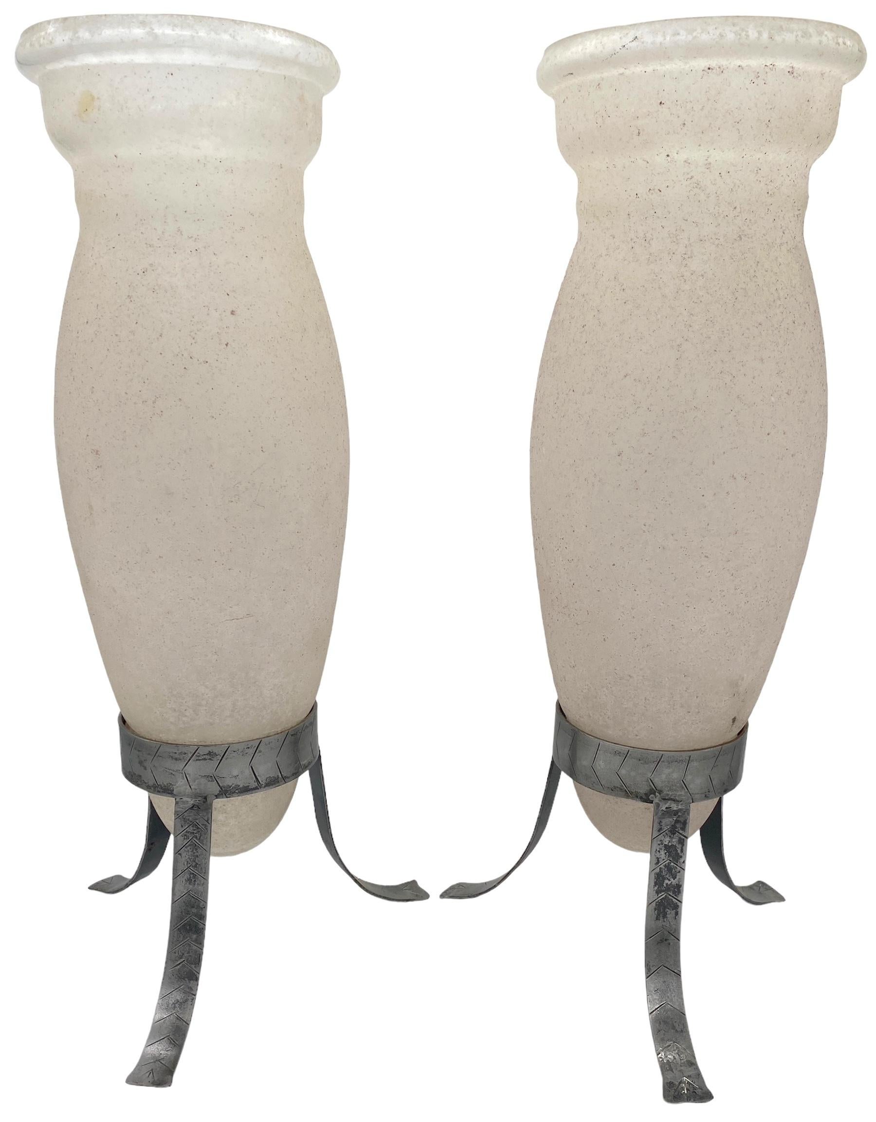 Engraved Large Pair of Murano 'Scavo' & Iron Trumpet Vases attrib. Seguso Vetri d'Arte For Sale