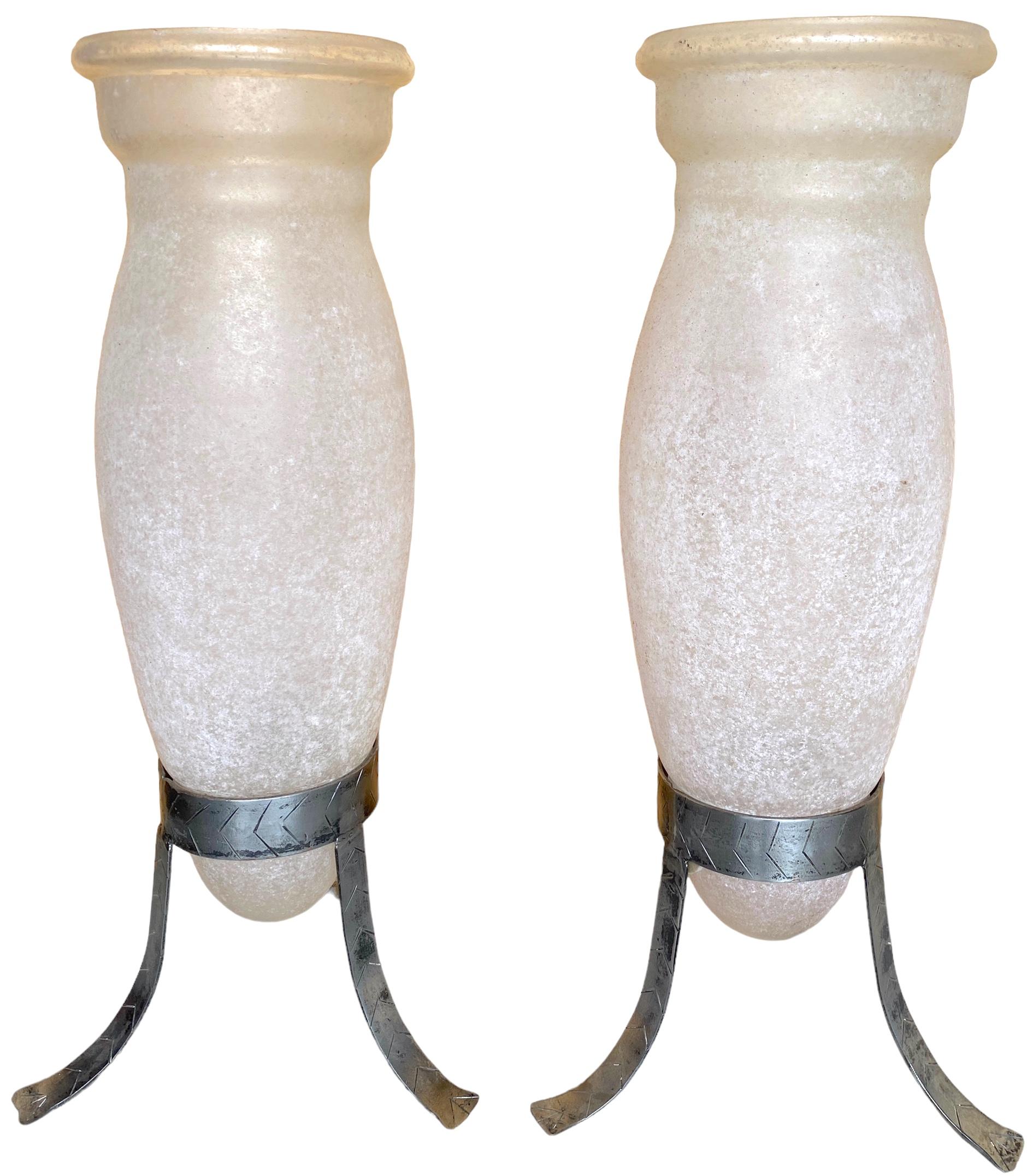 Murano Glass Large Pair of Murano 'Scavo' & Iron Trumpet Vases attrib. Seguso Vetri d'Arte For Sale