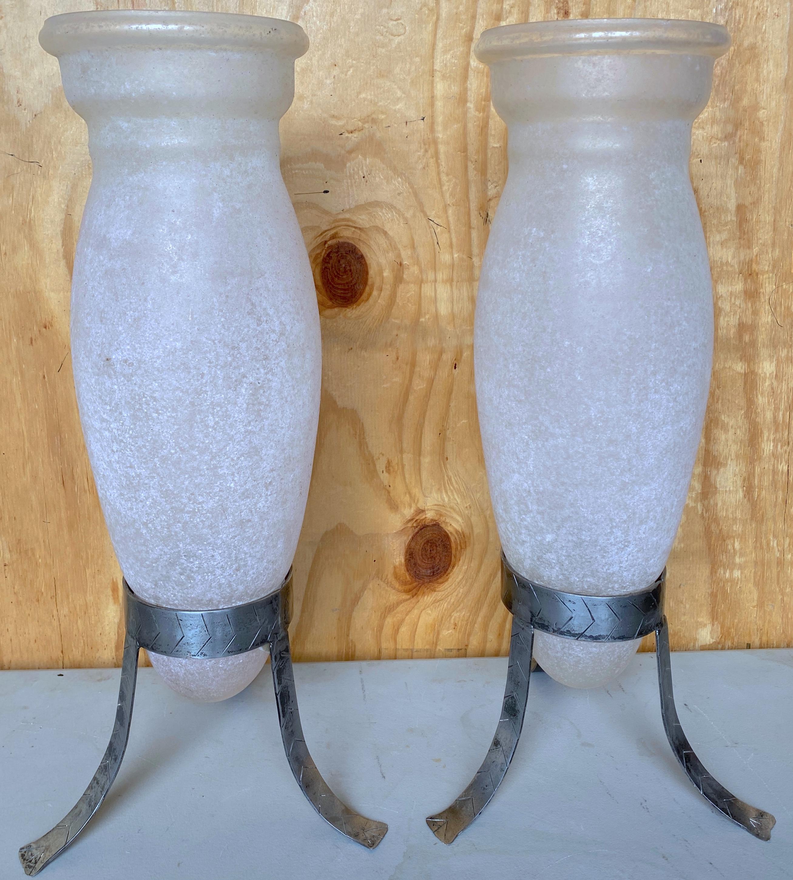 Large Pair of Murano 'Scavo' & Iron Trumpet Vases attrib. Seguso Vetri d'Arte For Sale 1