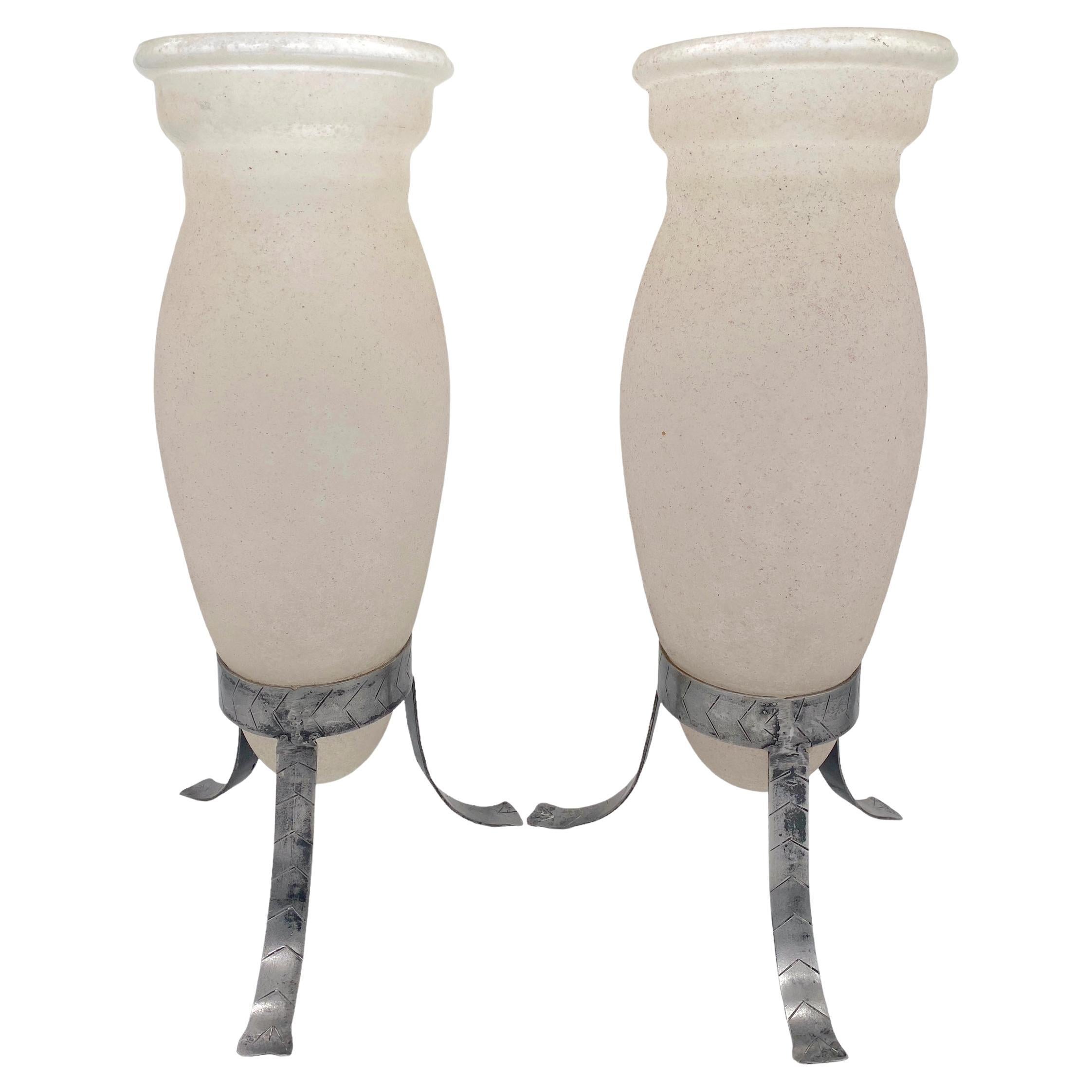 Large Pair of Murano 'Scavo' & Iron Trumpet Vases attrib. Seguso Vetri d'Arte For Sale