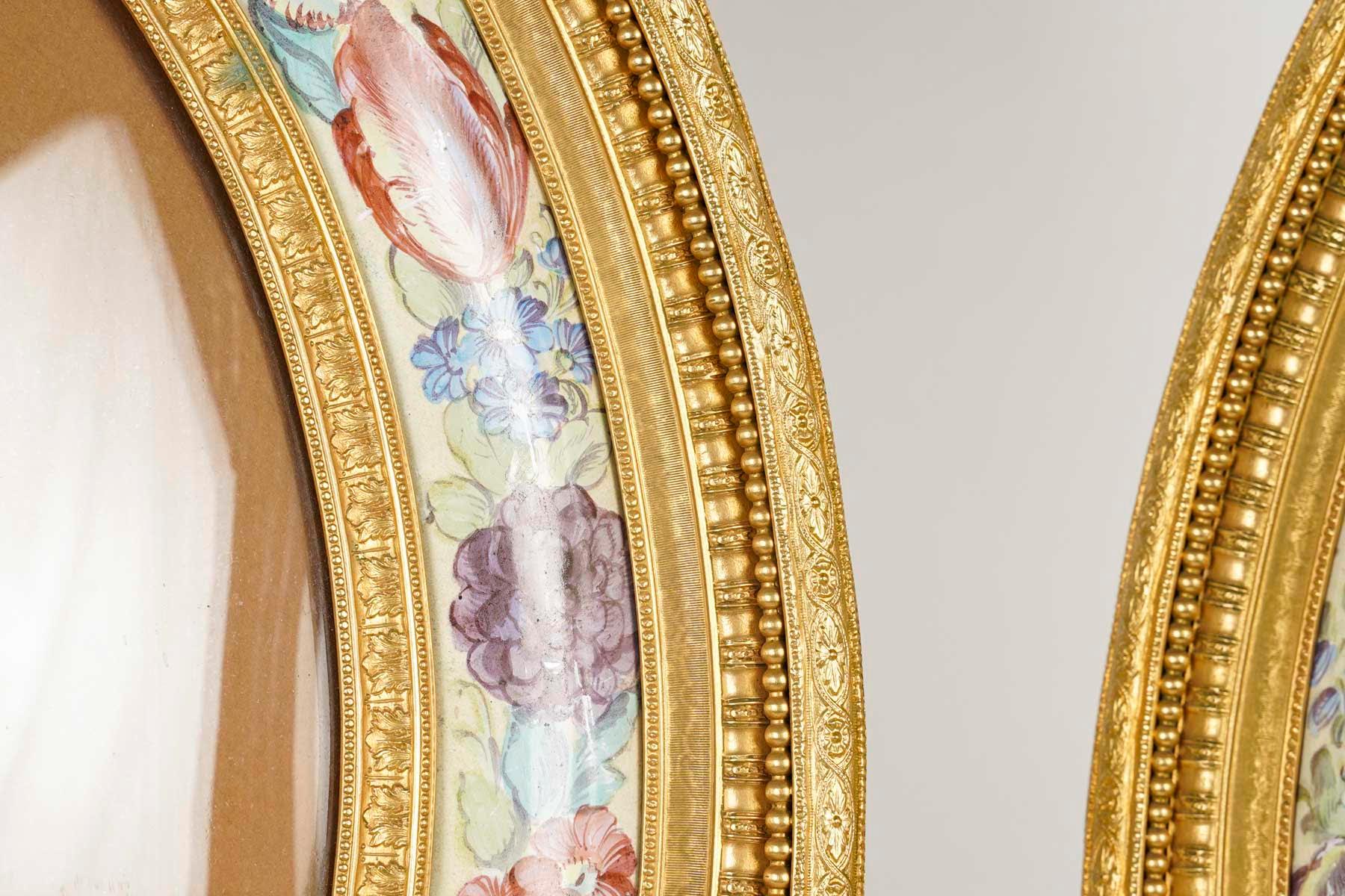 Louis XVI Large Pair of Napoleon III Period Gilt Bronze and Enamelled Picture Frames.