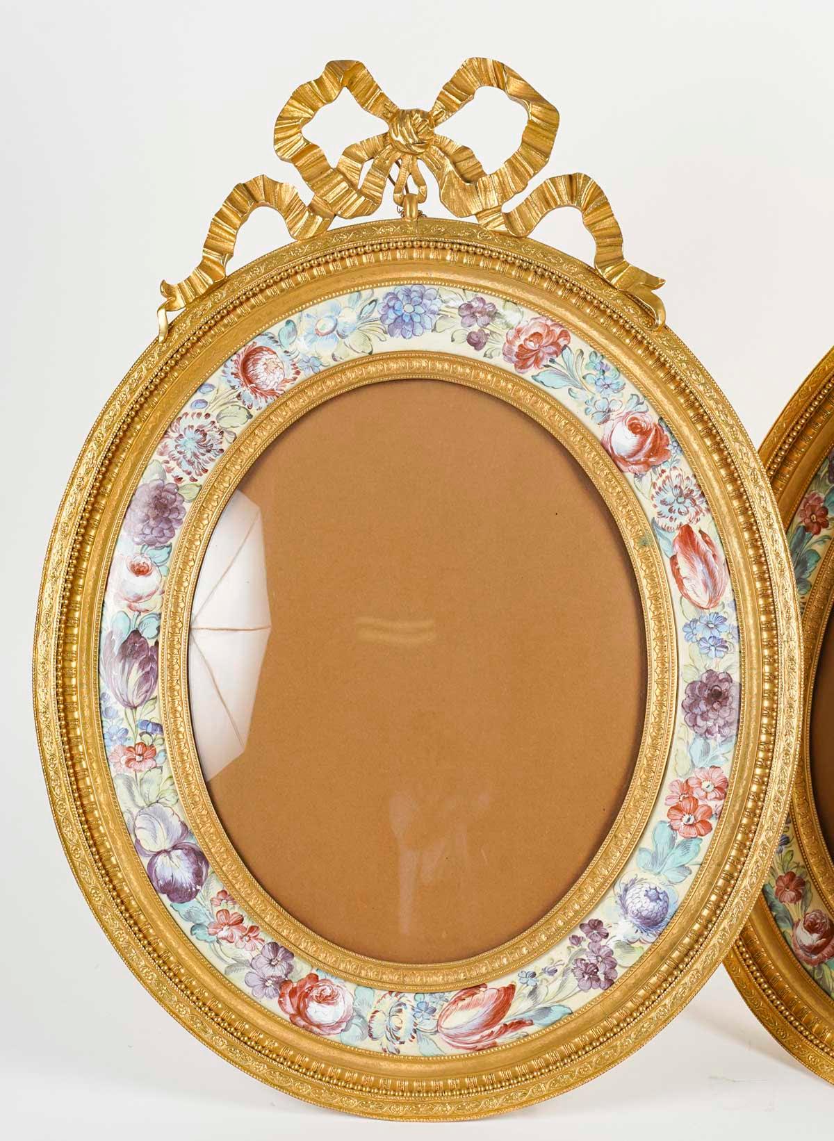 French Large Pair of Napoleon III Period Gilt Bronze and Enamelled Picture Frames.