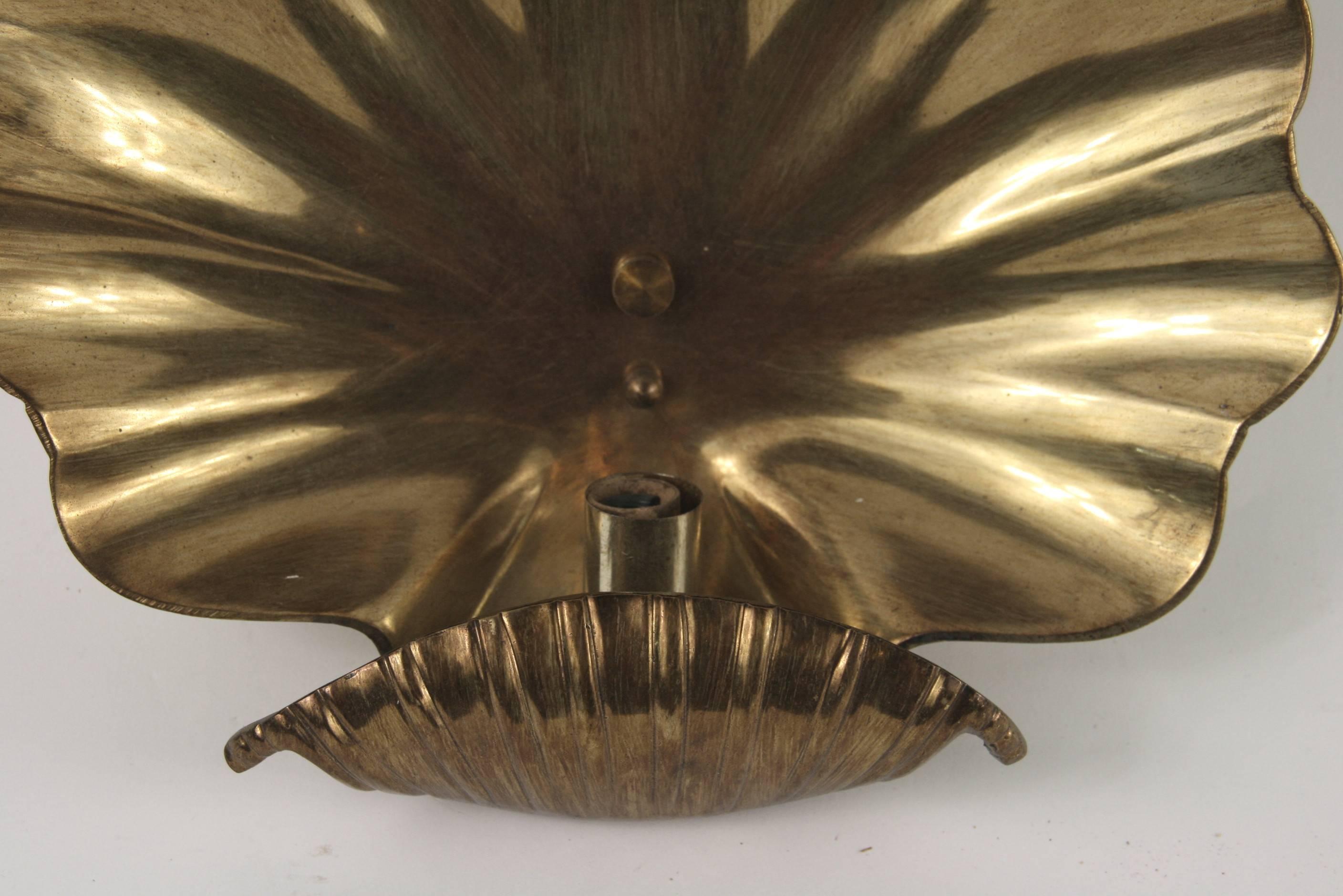 Large Pair of Mid Century  Brass Shell Sconces In Good Condition In Douglas Manor, NY
