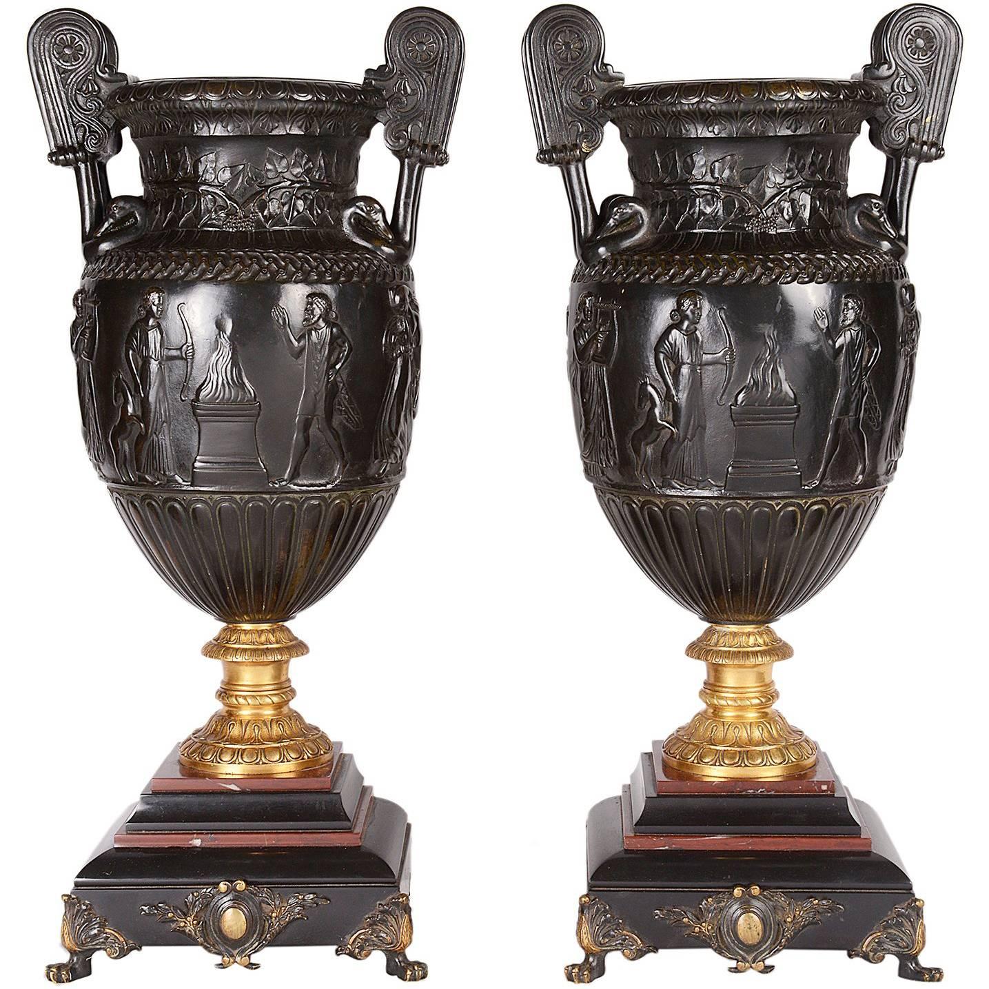Large Pair of Neoclassical Bronze Urns, 19th Century