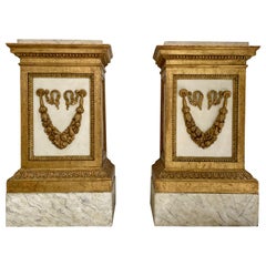 Antique Large Pair of Neoclassical Sculpture Pedestals White Painted and Giltwood, 1800s