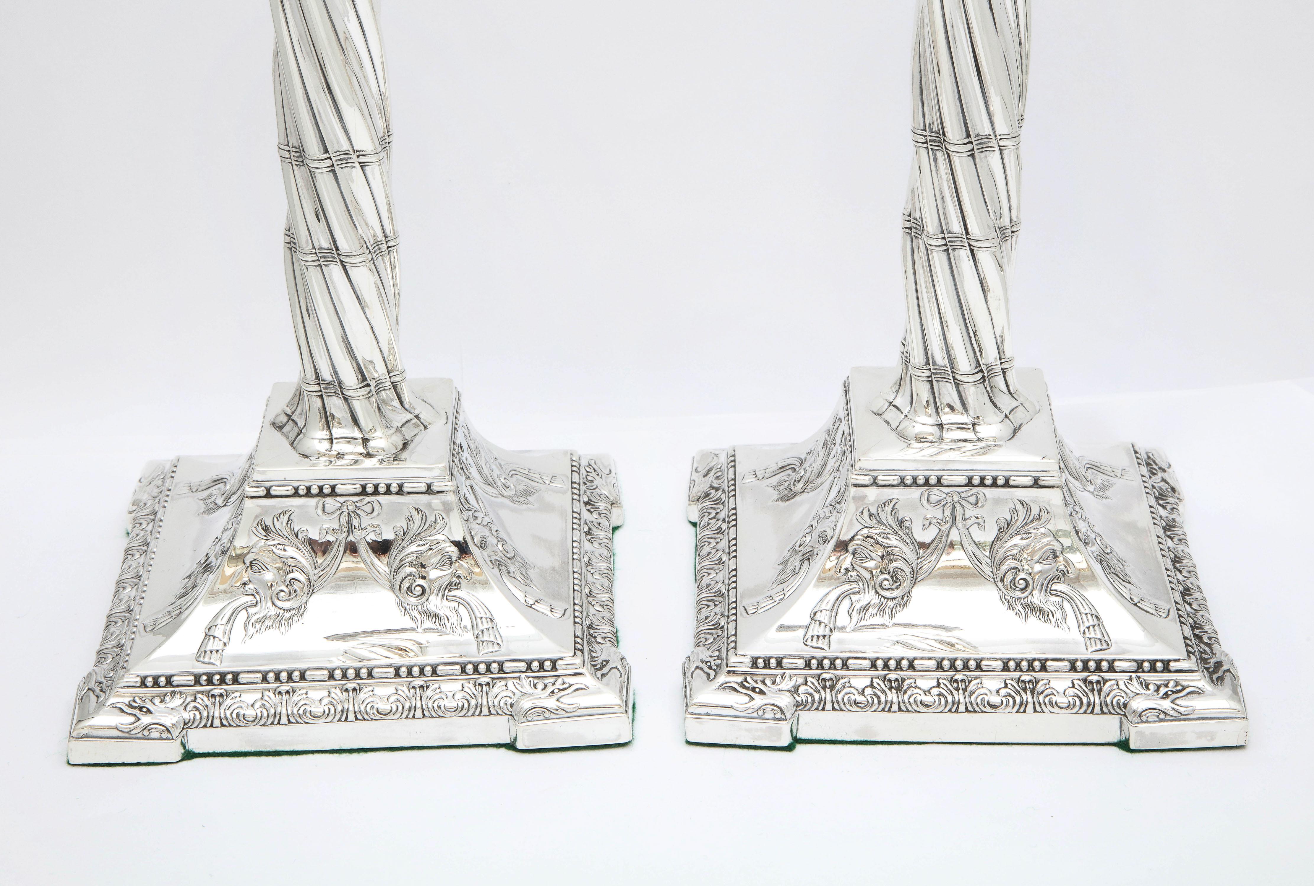 Large Pair of Neoclassical Sterling Silver Column-Form Candlesticks For Sale 7
