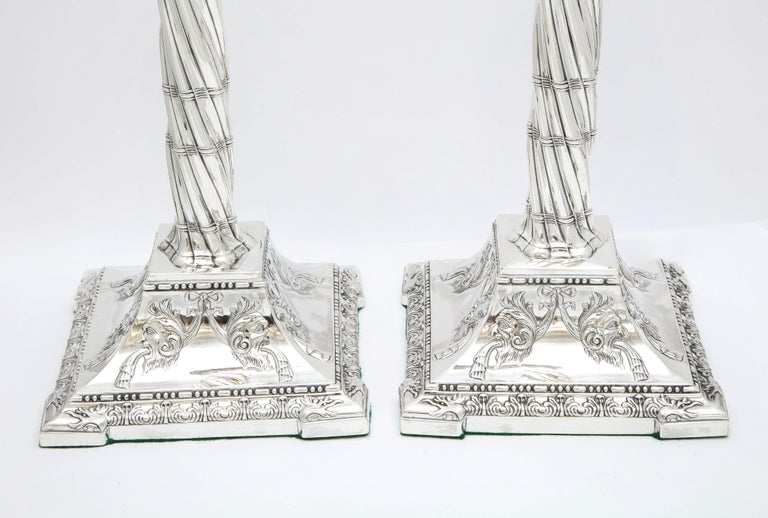 Large Pair of Neoclassical Sterling Silver Column-Form Candlesticks For Sale 7