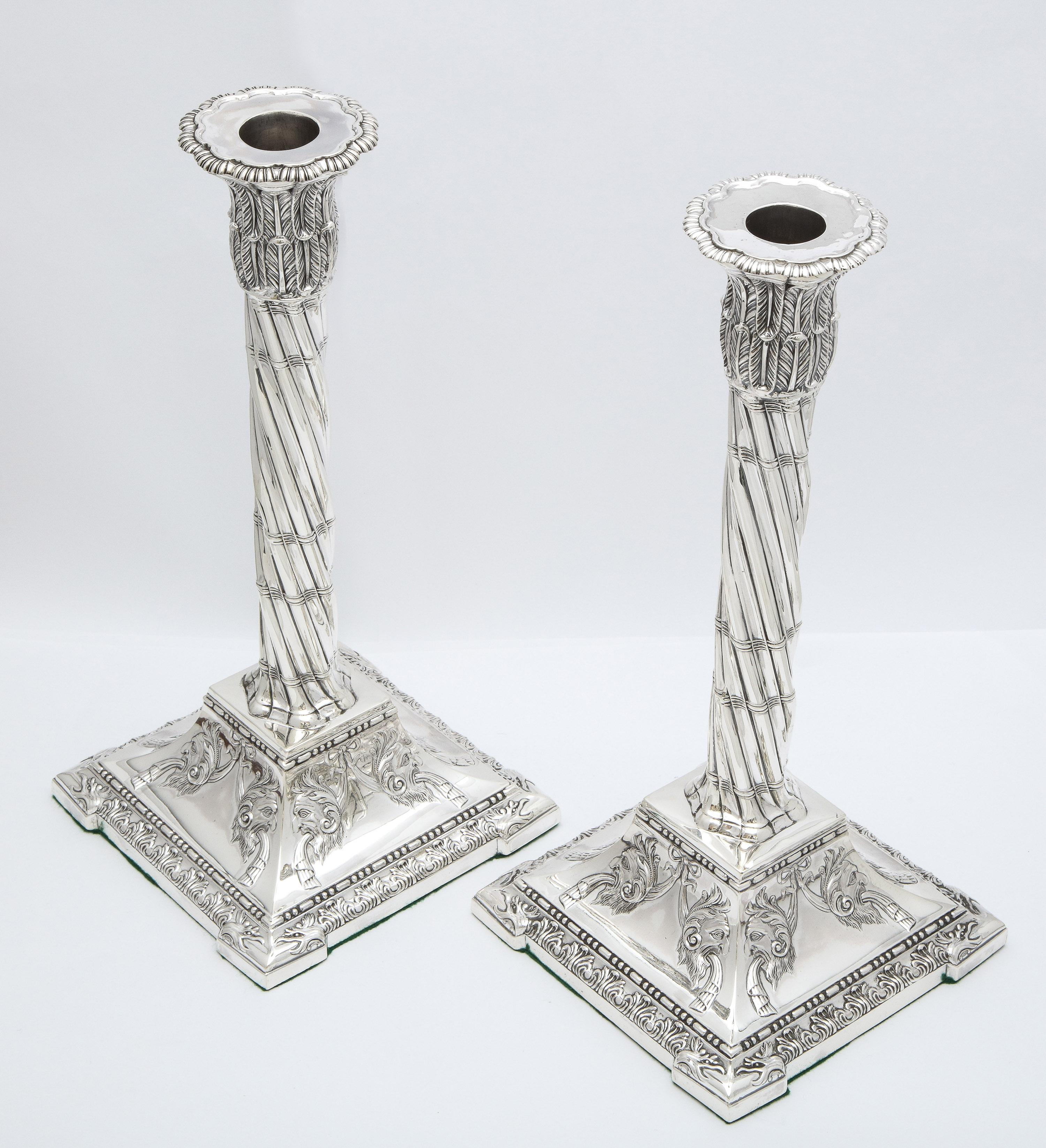 Large Pair of Neoclassical Sterling Silver Column-Form Candlesticks For Sale 11