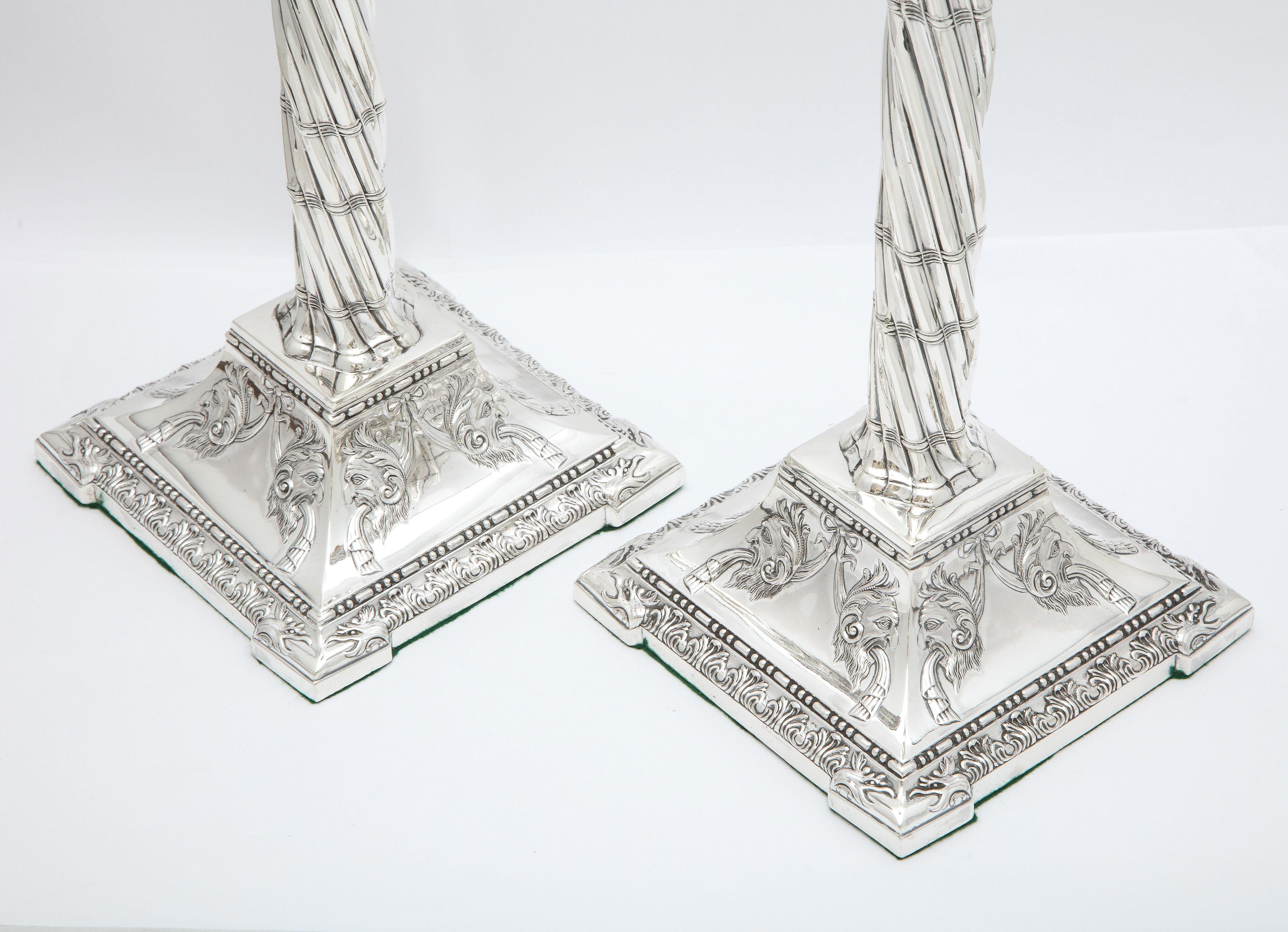 Large Pair of Neoclassical Sterling Silver Column-Form Candlesticks For Sale 12