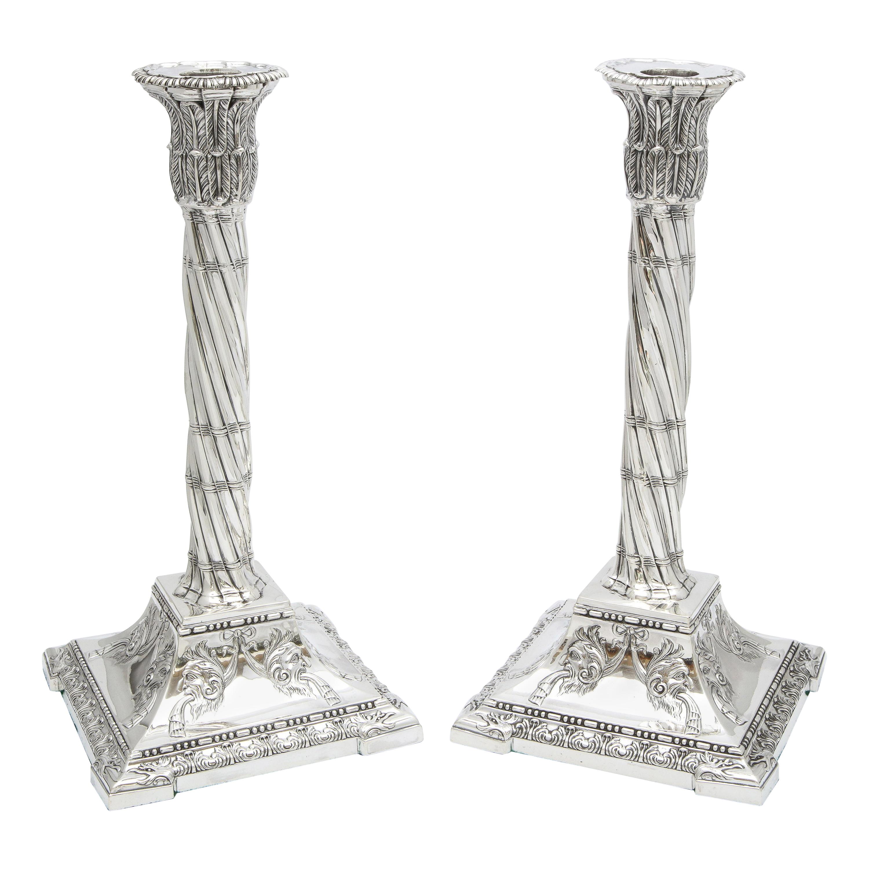 Large Pair of Neoclassical Sterling Silver Column-Form Candlesticks