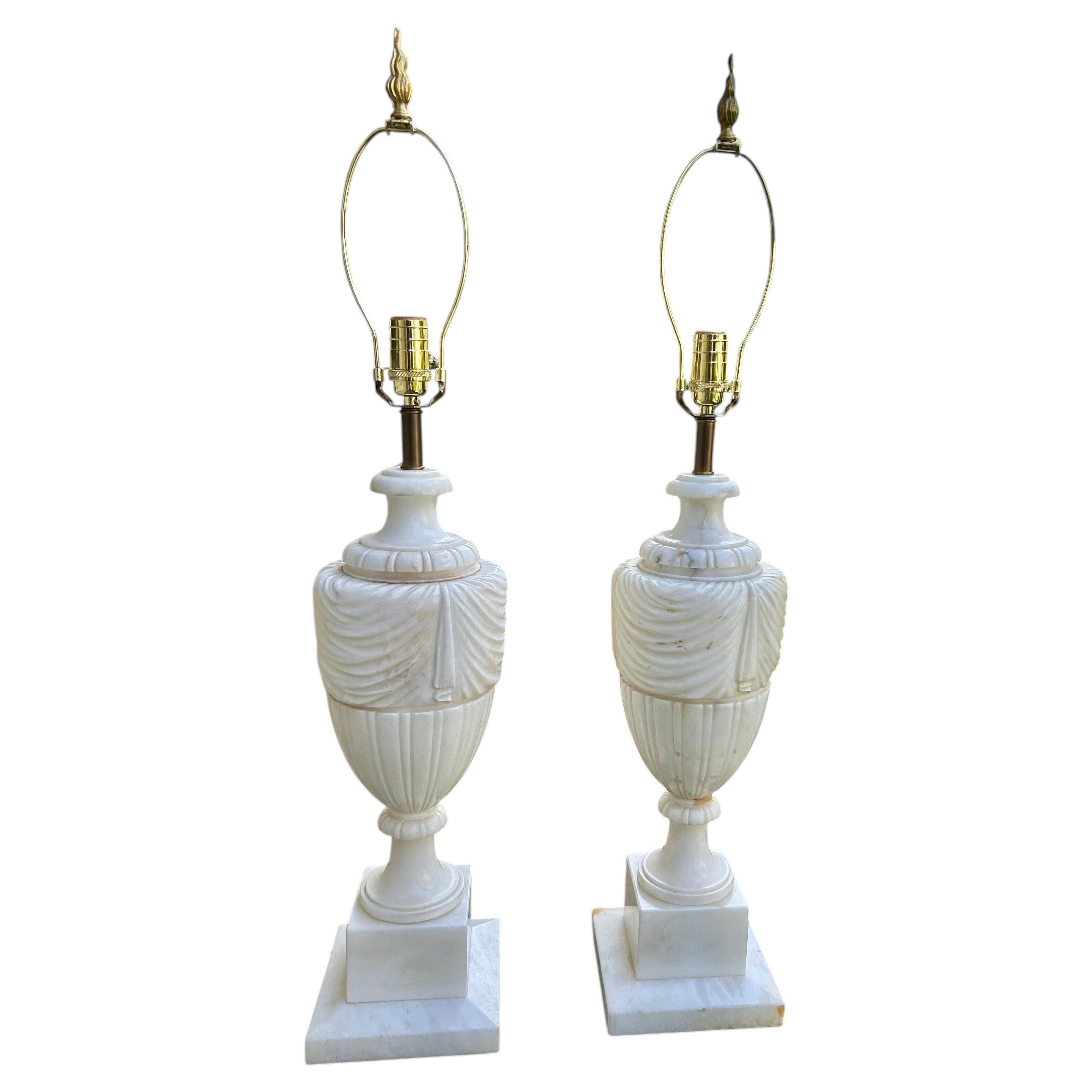 Large Pair of Neoclassical Style Carved Italian Alabaster Lamps