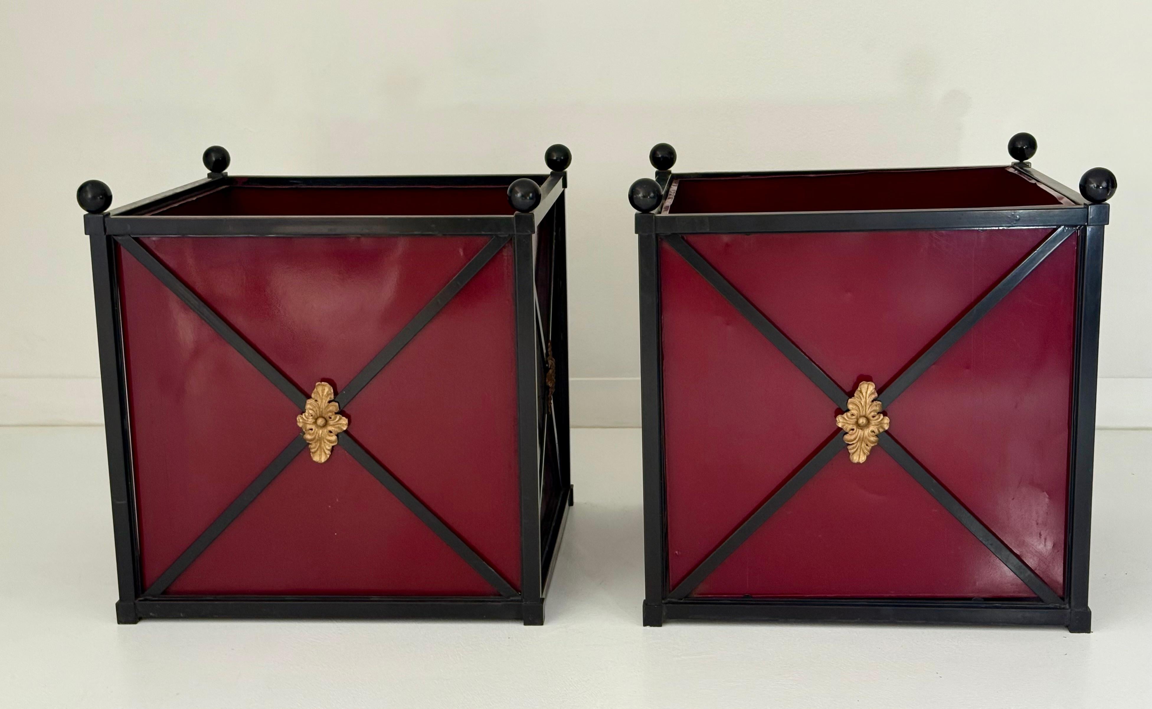Large Pair of Neoclassical Style Metal Planters with Burgundy Panels, 20th C For Sale 4