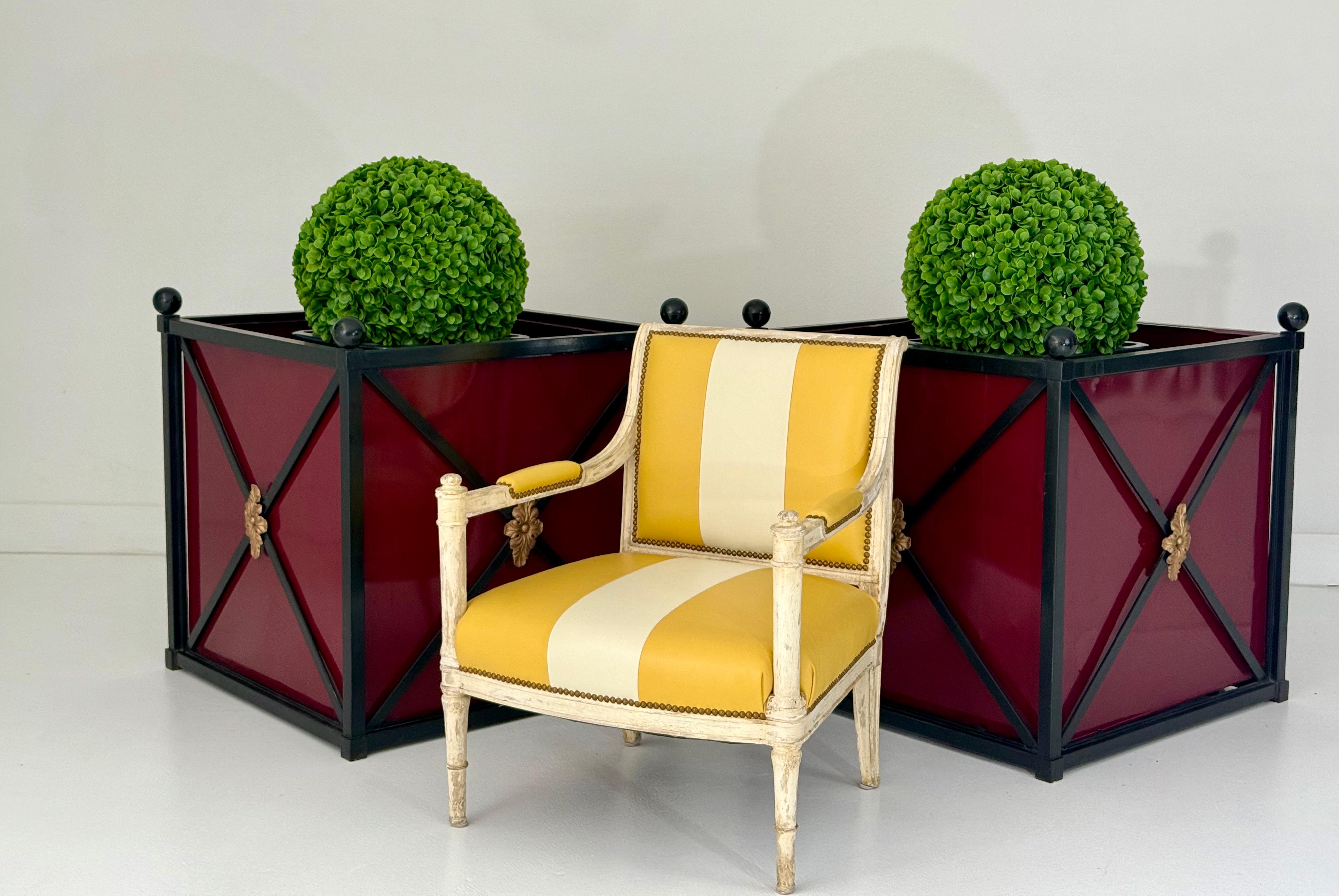 Large Pair of Neoclassical Style Metal Planters with Burgundy Panels, 20th C For Sale 5