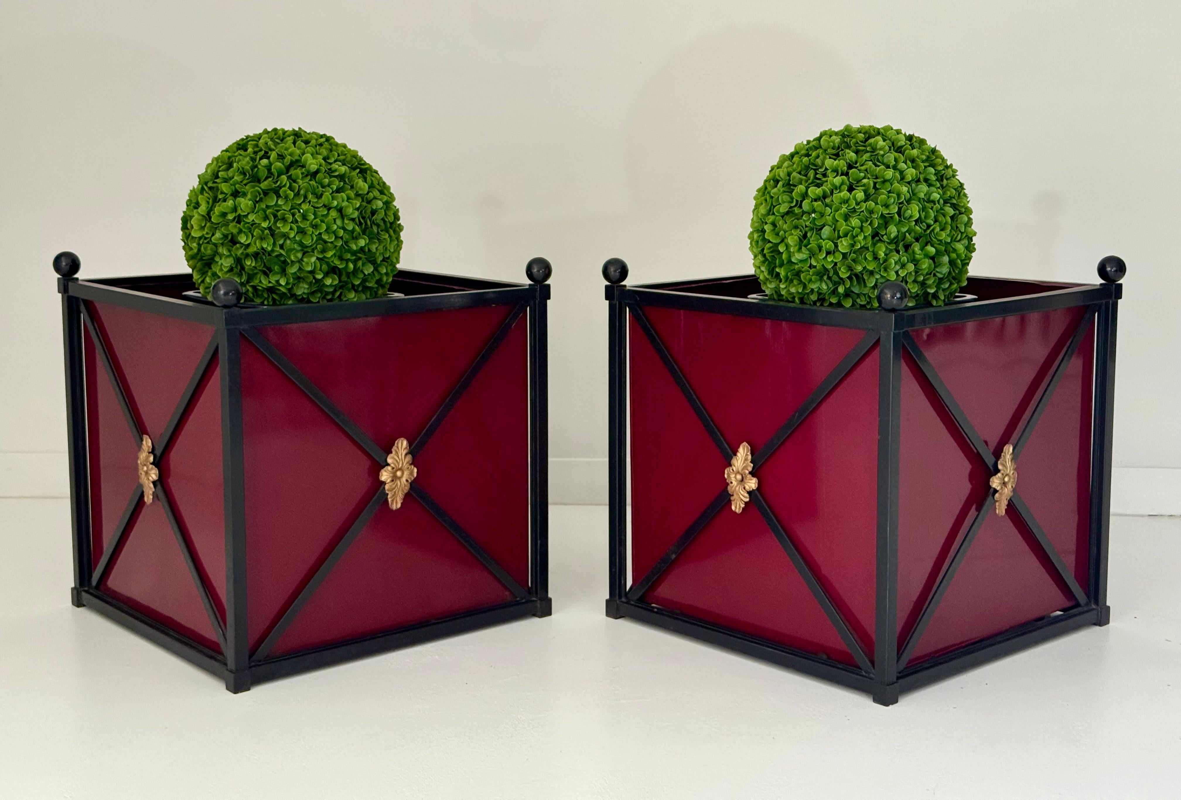 Large Pair of Neoclassical Style Metal Planters with Burgundy Panels, 20th C For Sale 6