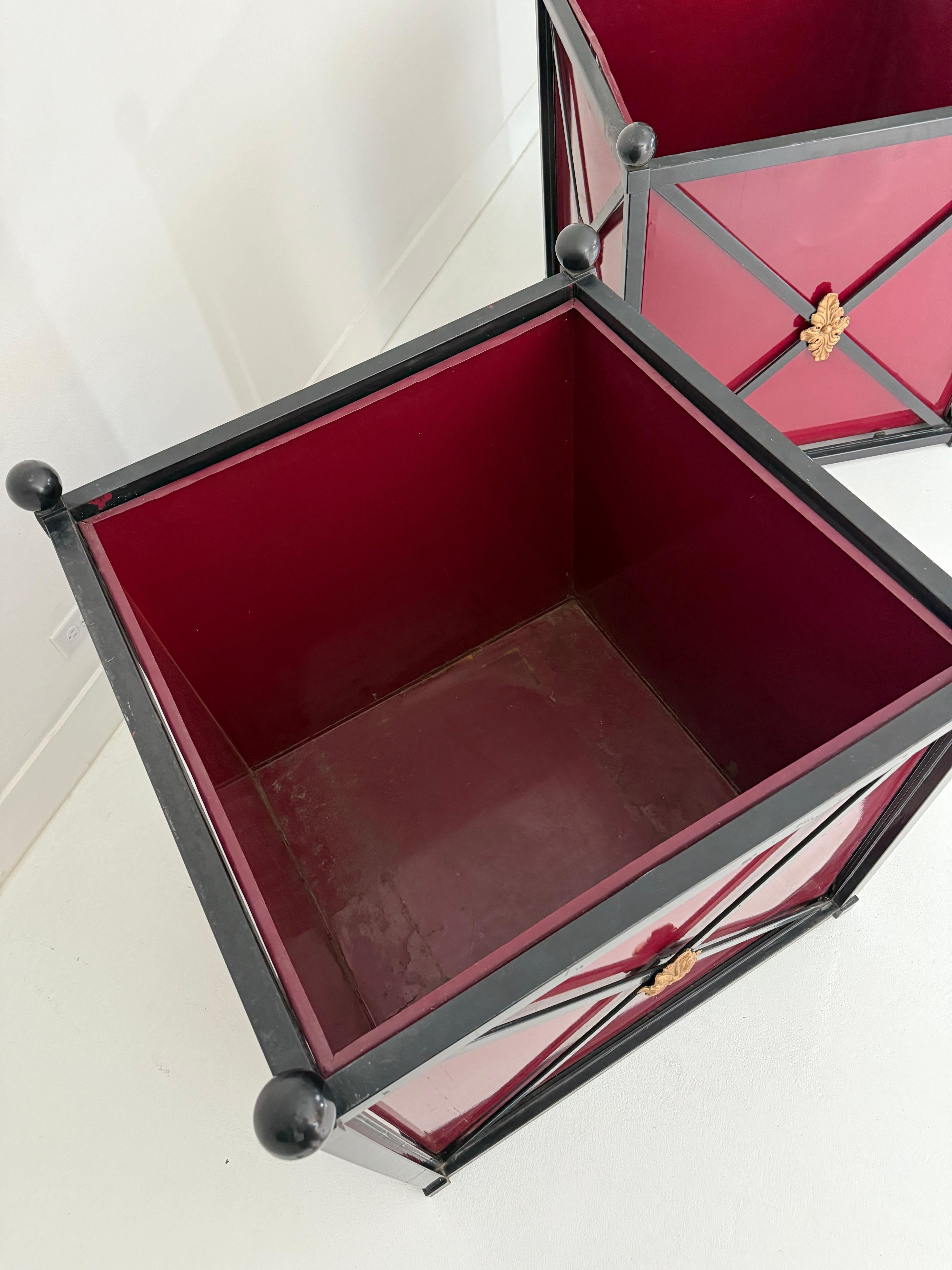 Large Pair of Neoclassical Style Metal Planters with Burgundy Panels, 20th C In Good Condition For Sale In Palm Desert, CA