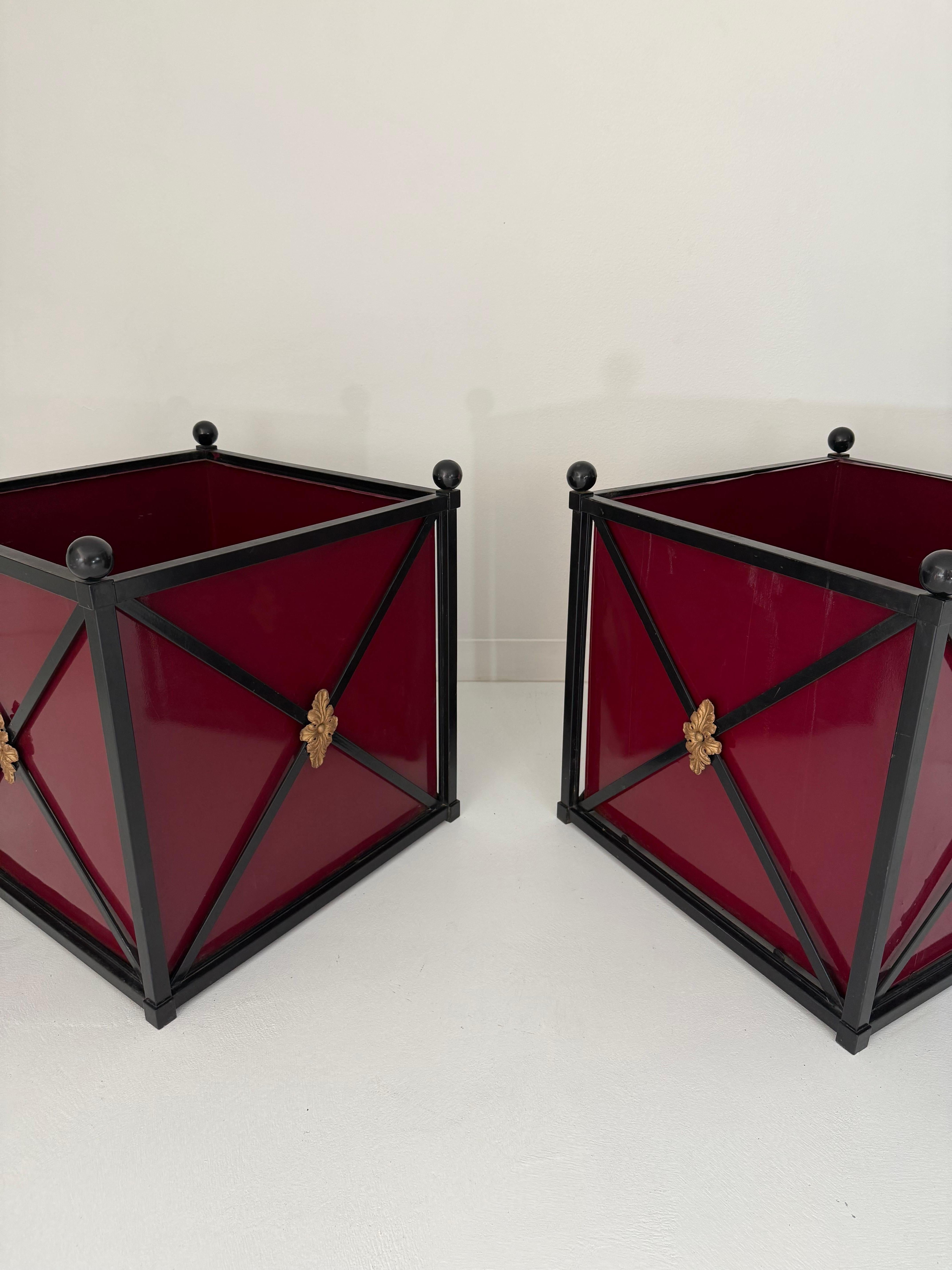 Late 20th Century Large Pair of Neoclassical Style Metal Planters with Burgundy Panels, 20th C For Sale