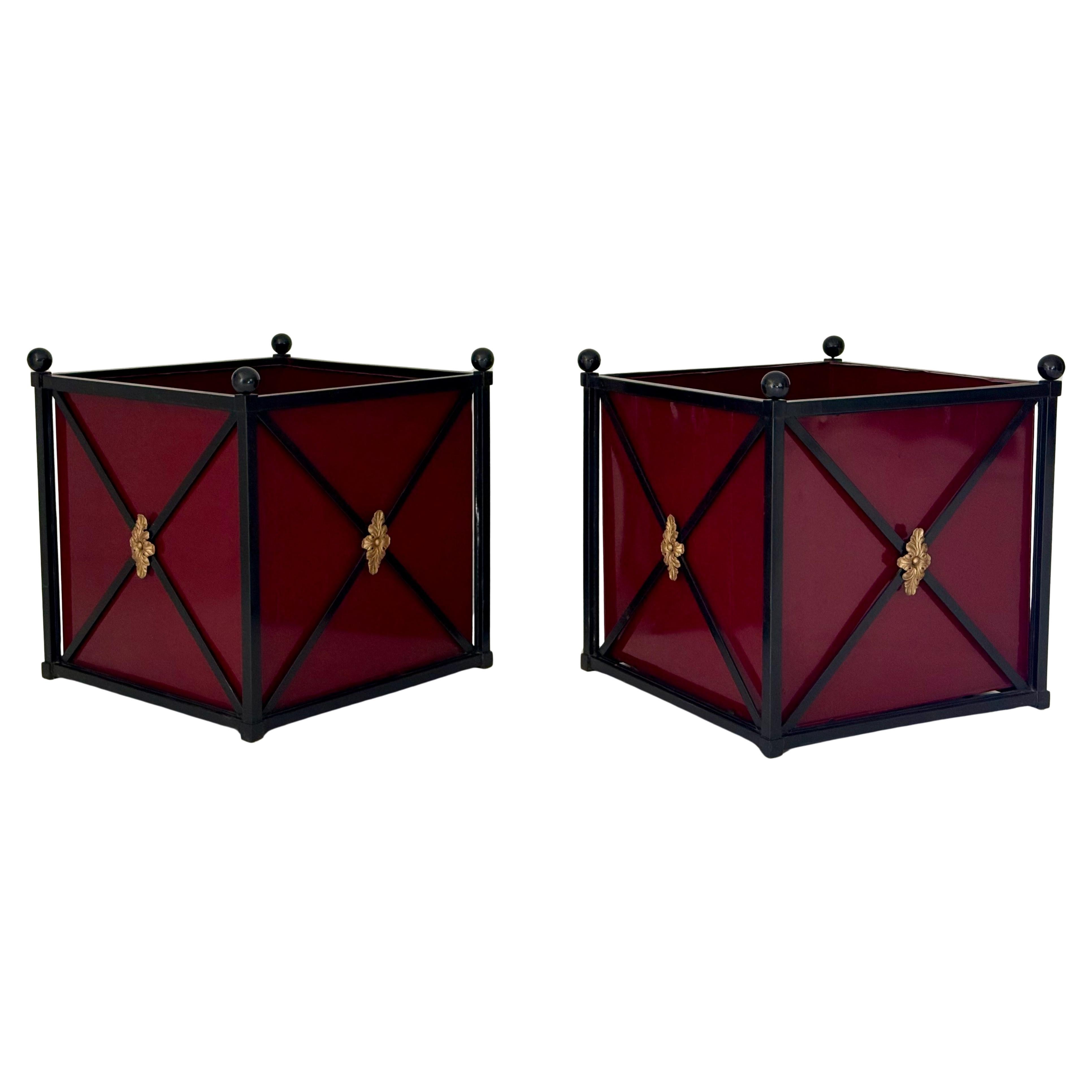 Large Pair of Neoclassical Style Metal Planters with Burgundy Panels, 20th C For Sale