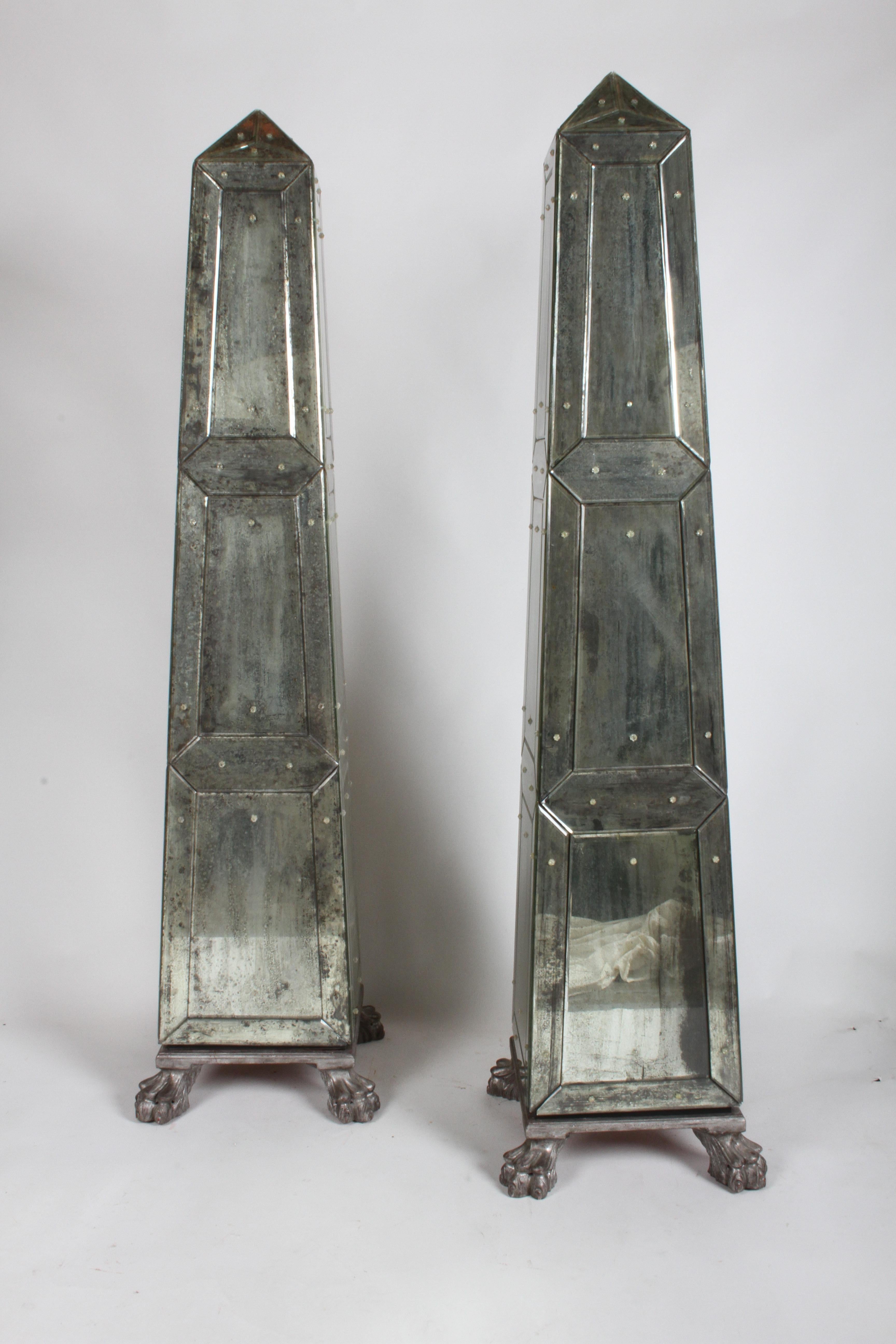 Large Pair of Neoclassical Venetian Style Antique Mirrored Obelisks on Paw Feet For Sale 11