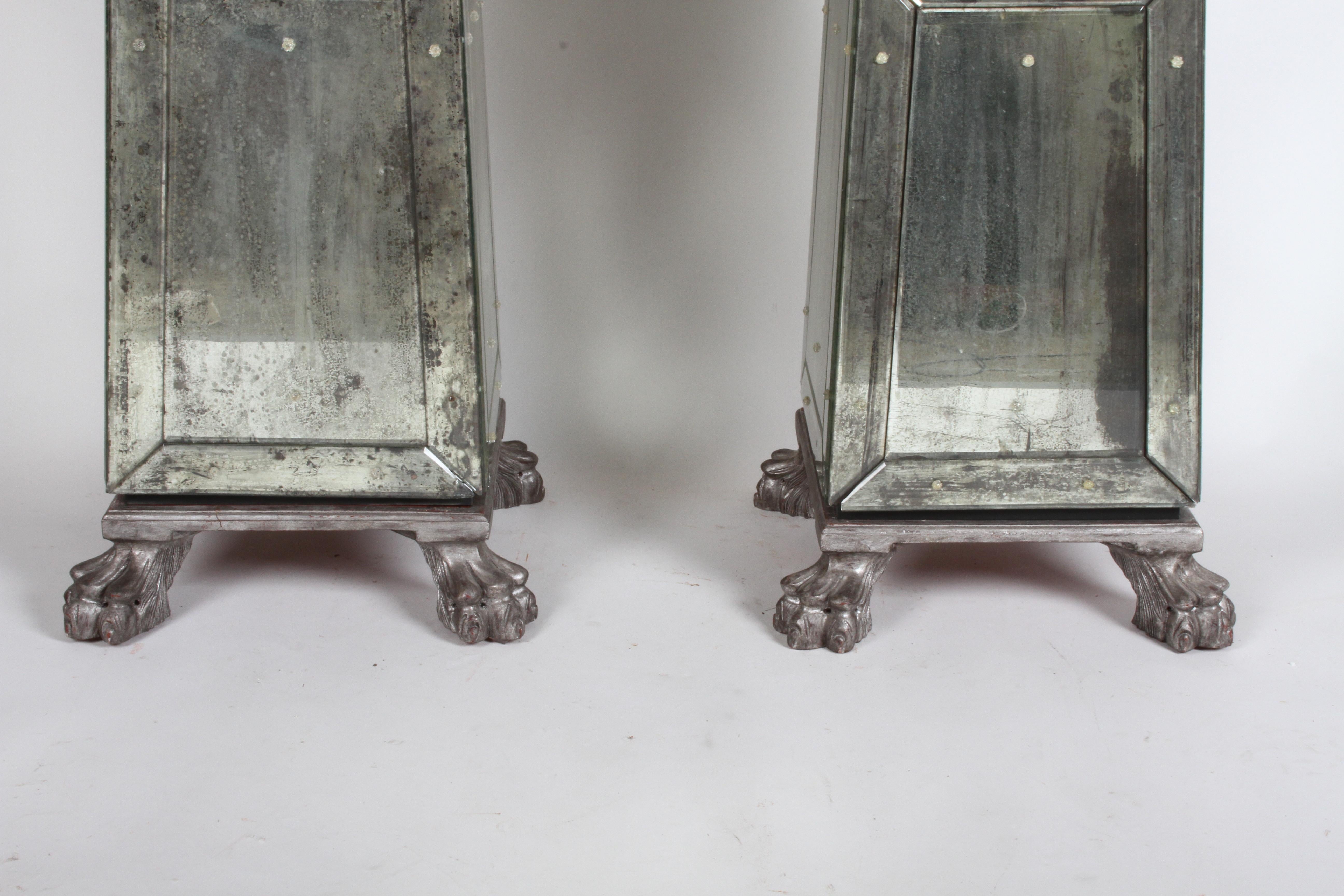 Large Pair of Neoclassical Venetian Style Antique Mirrored Obelisks on Paw Feet For Sale 13