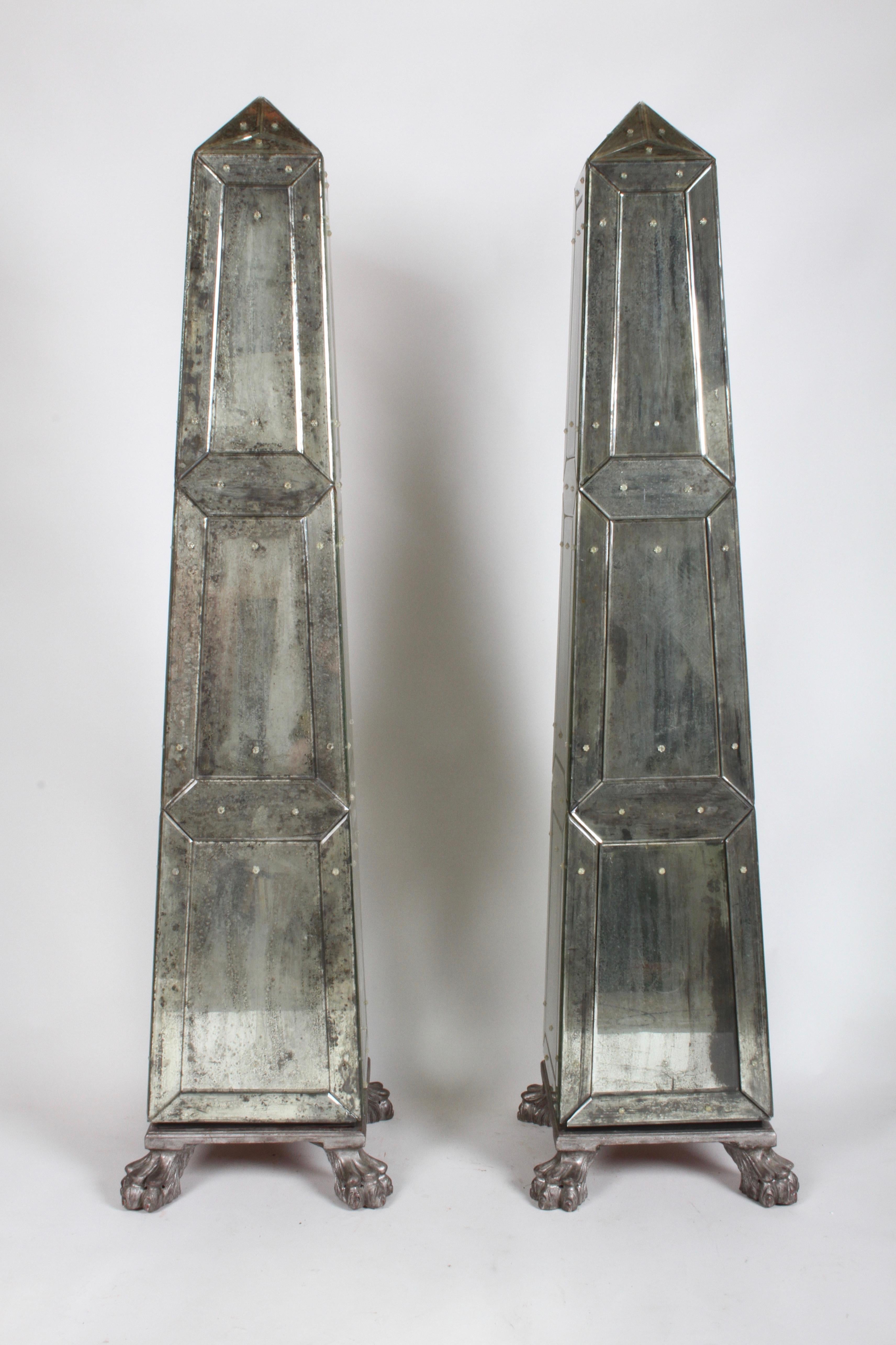 Unknown Large Pair of Neoclassical Venetian Style Antique Mirrored Obelisks on Paw Feet For Sale