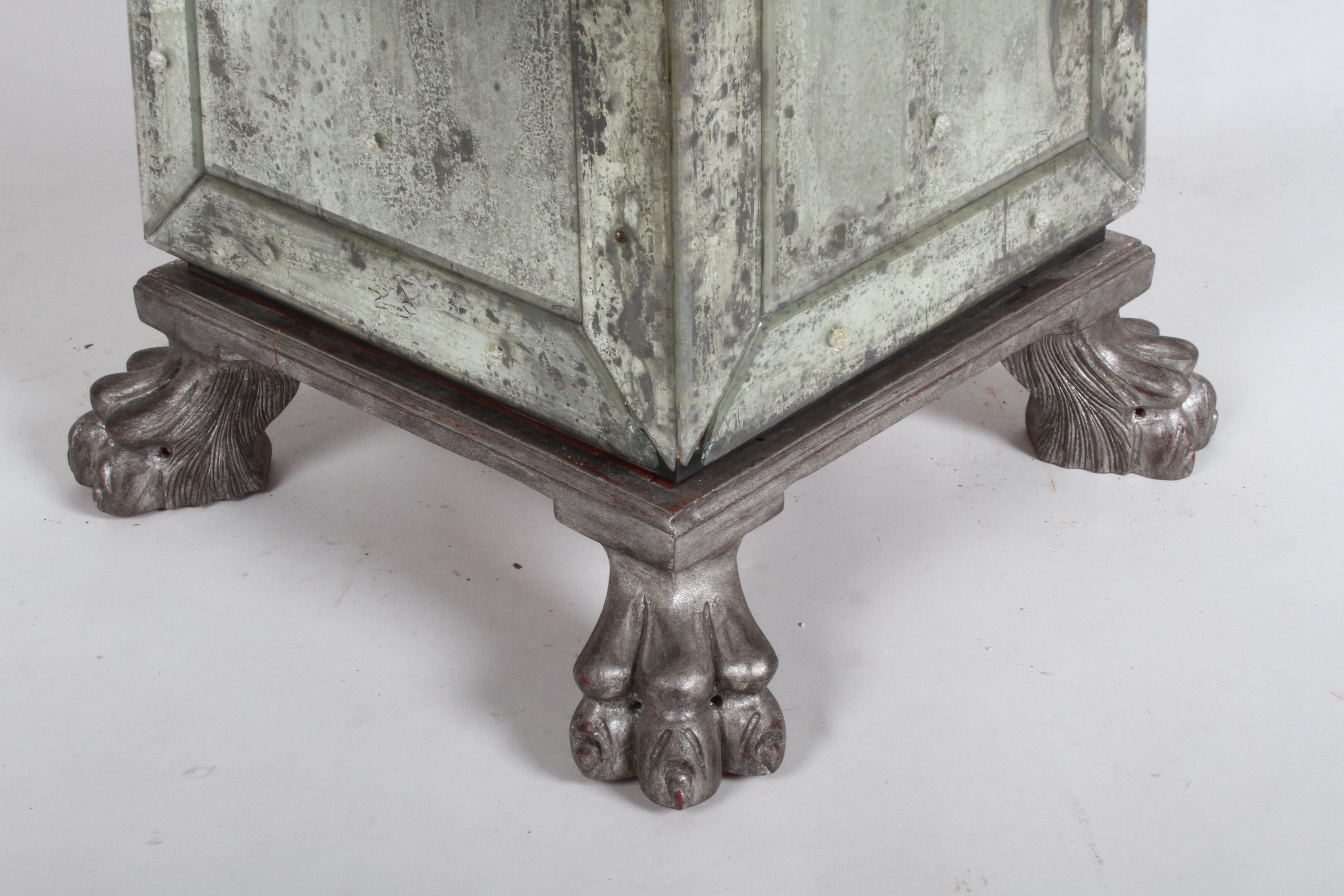 20th Century Large Pair of Neoclassical Venetian Style Antique Mirrored Obelisks on Paw Feet For Sale