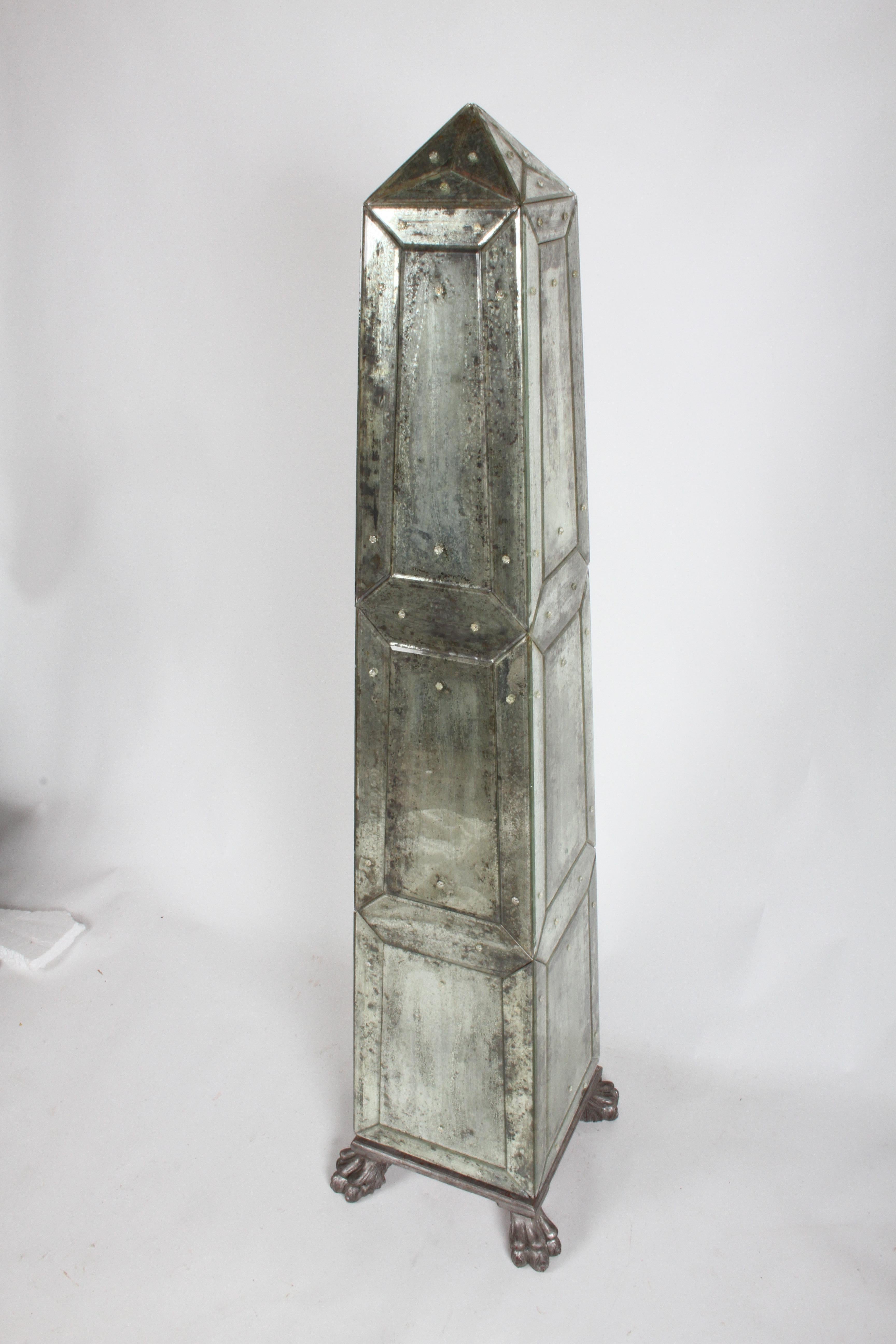 Large Pair of Neoclassical Venetian Style Antique Mirrored Obelisks on Paw Feet For Sale 1