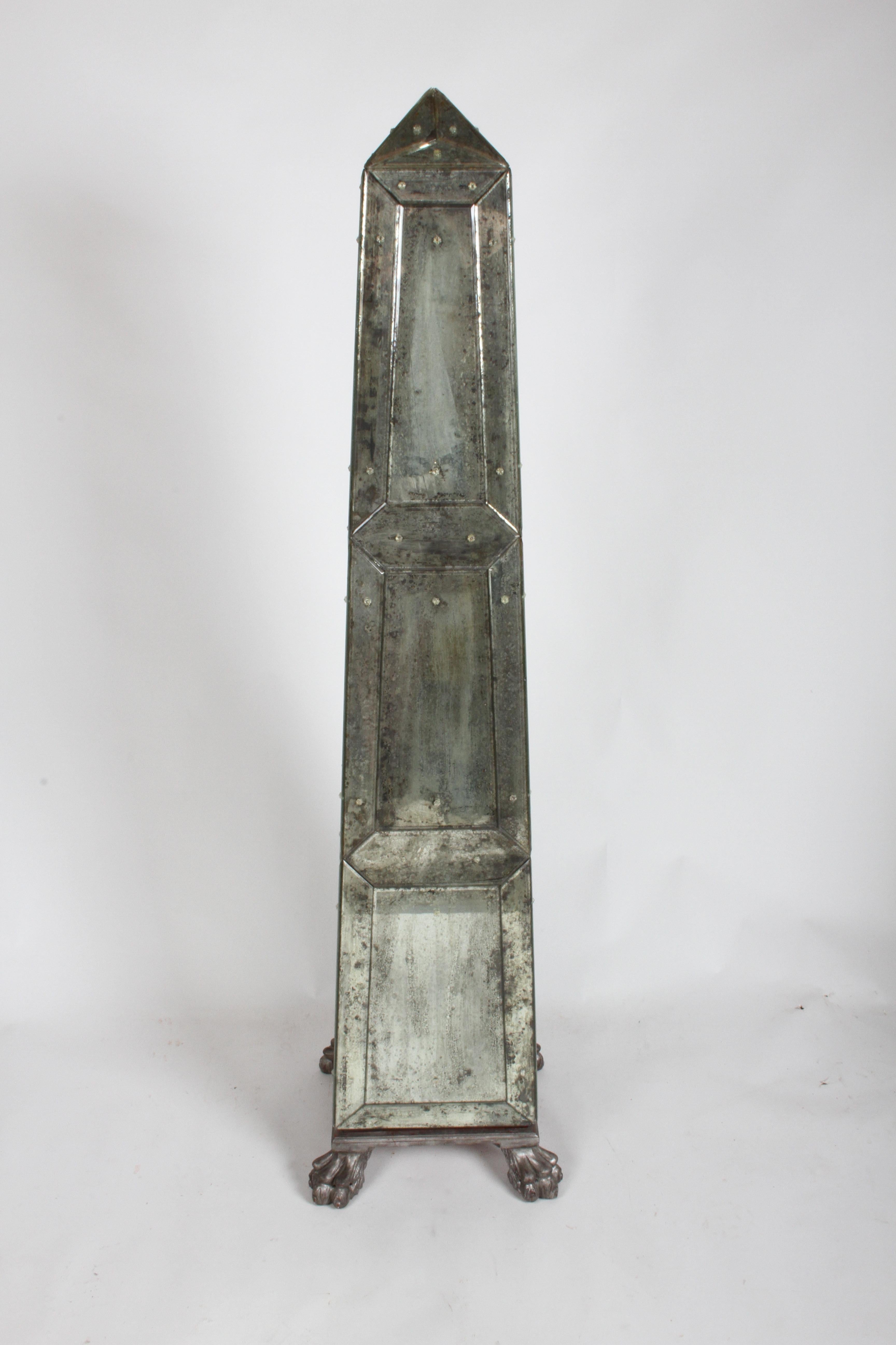 Large Pair of Neoclassical Venetian Style Antique Mirrored Obelisks on Paw Feet For Sale 2